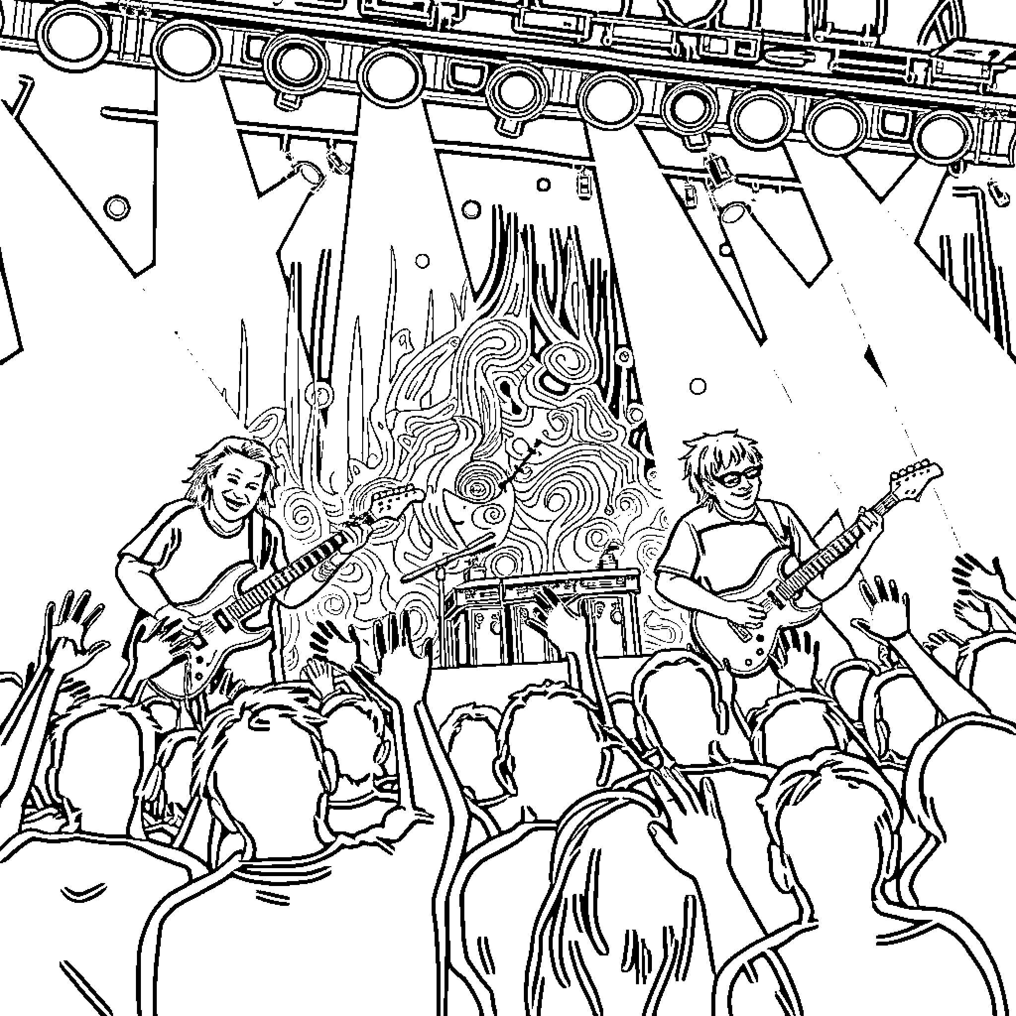 Phish performing energetically on stage for a cheering crowd Coloring Page (free black-and-white line drawing printable PDF for all, from beginners to advanced learners, including children, teens, adults, and seniors)