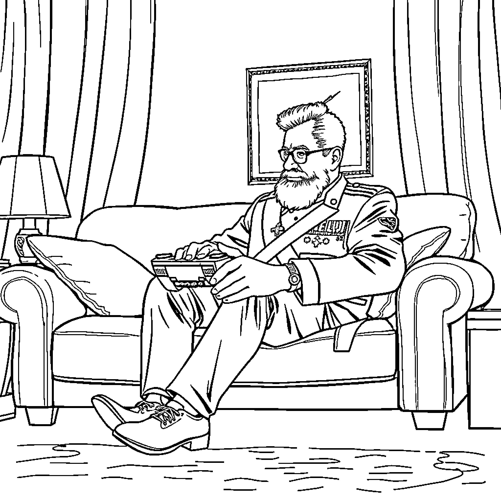King Relaxing in Lavish Chamber Coloring Page (free black-and-white line drawing printable PDF for all, from beginners to advanced learners, including children, teens, adults, and seniors)