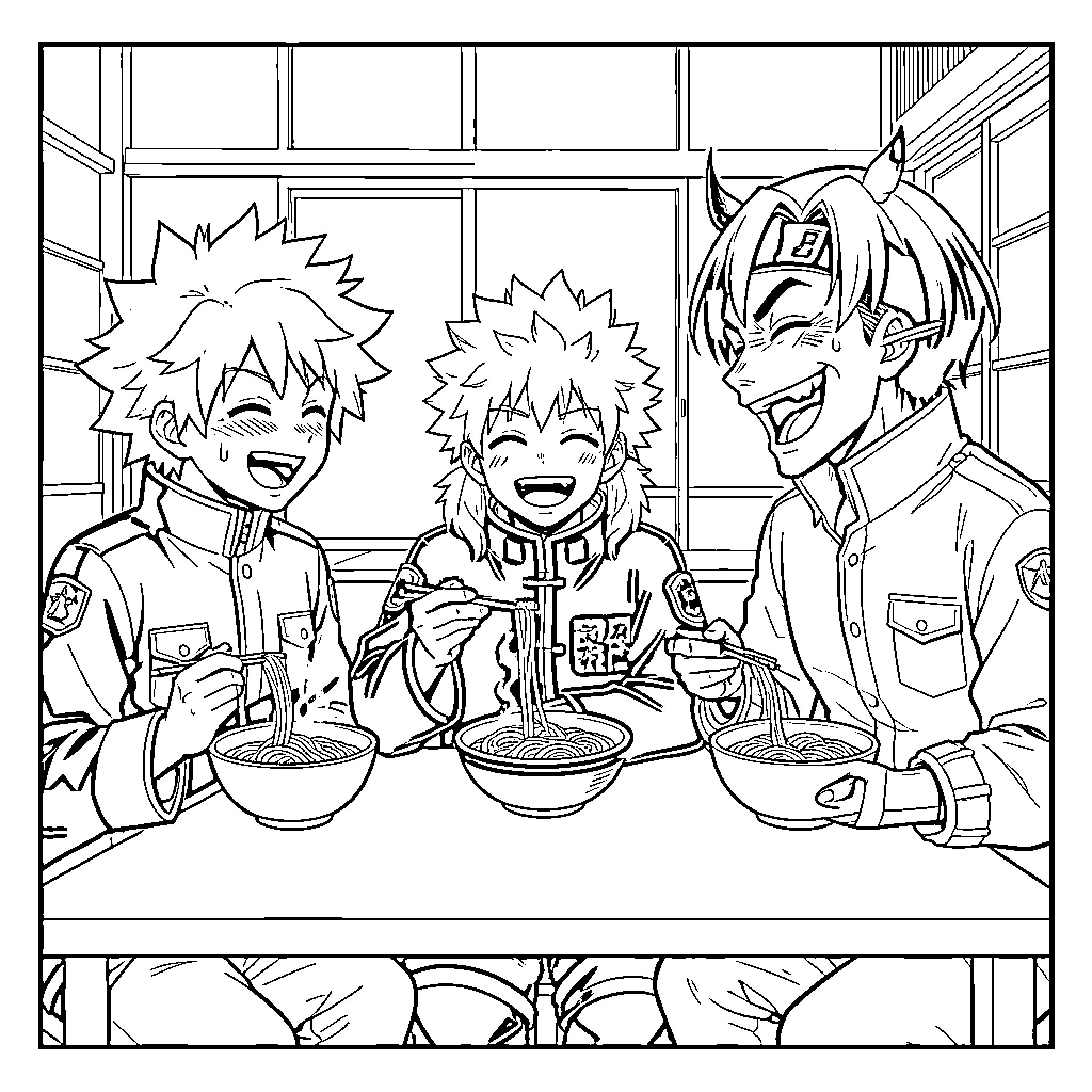 Character group smiling while eating noodles together Coloring Page (free black-and-white line drawing printable PDF for all, from beginners to advanced learners, including children, teens, adults, and seniors)