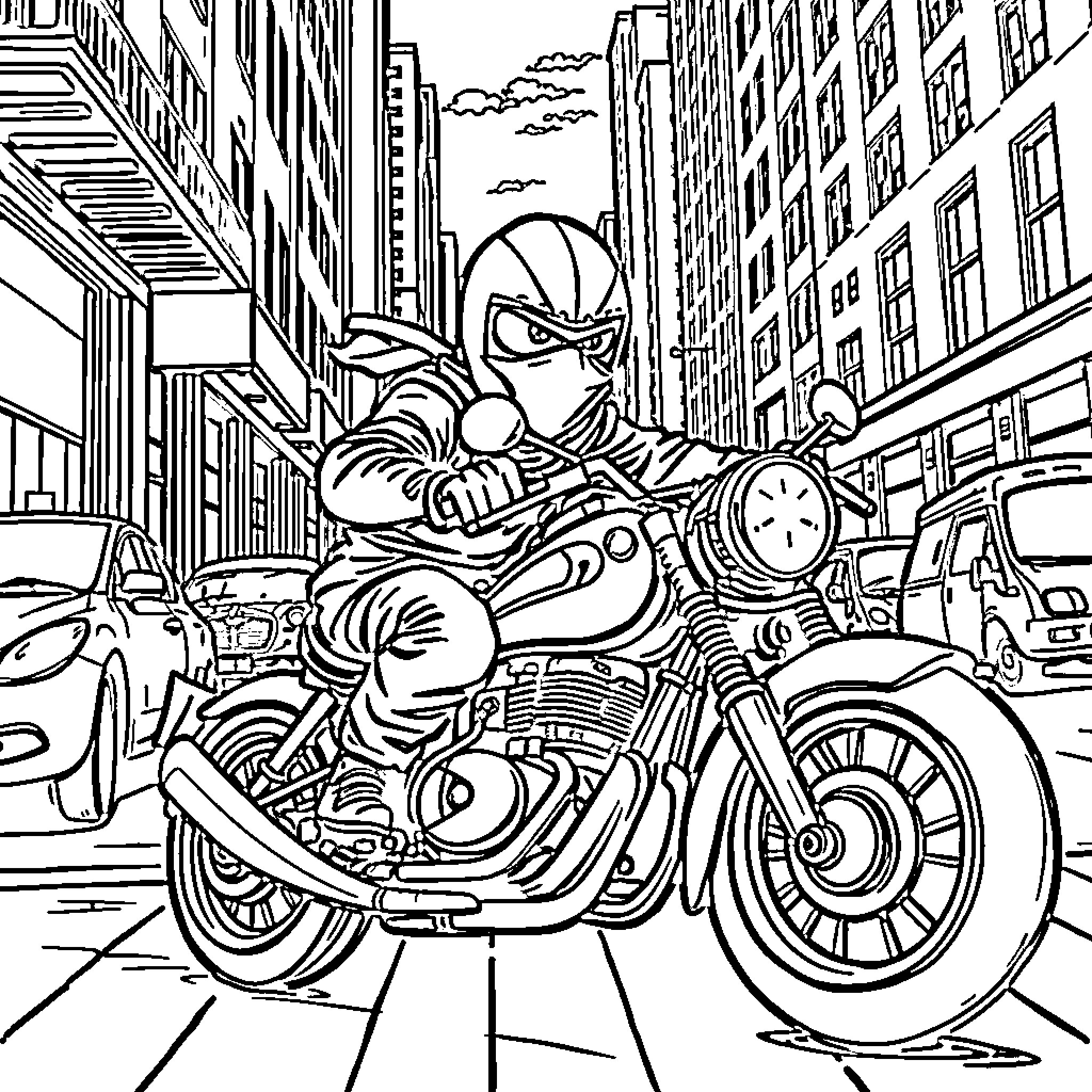 Ninja on Motorcycle Speeding Through City Coloring Page (free black-and-white line drawing printable PDF for all, from beginners to advanced learners, including children, teens, adults, and seniors)