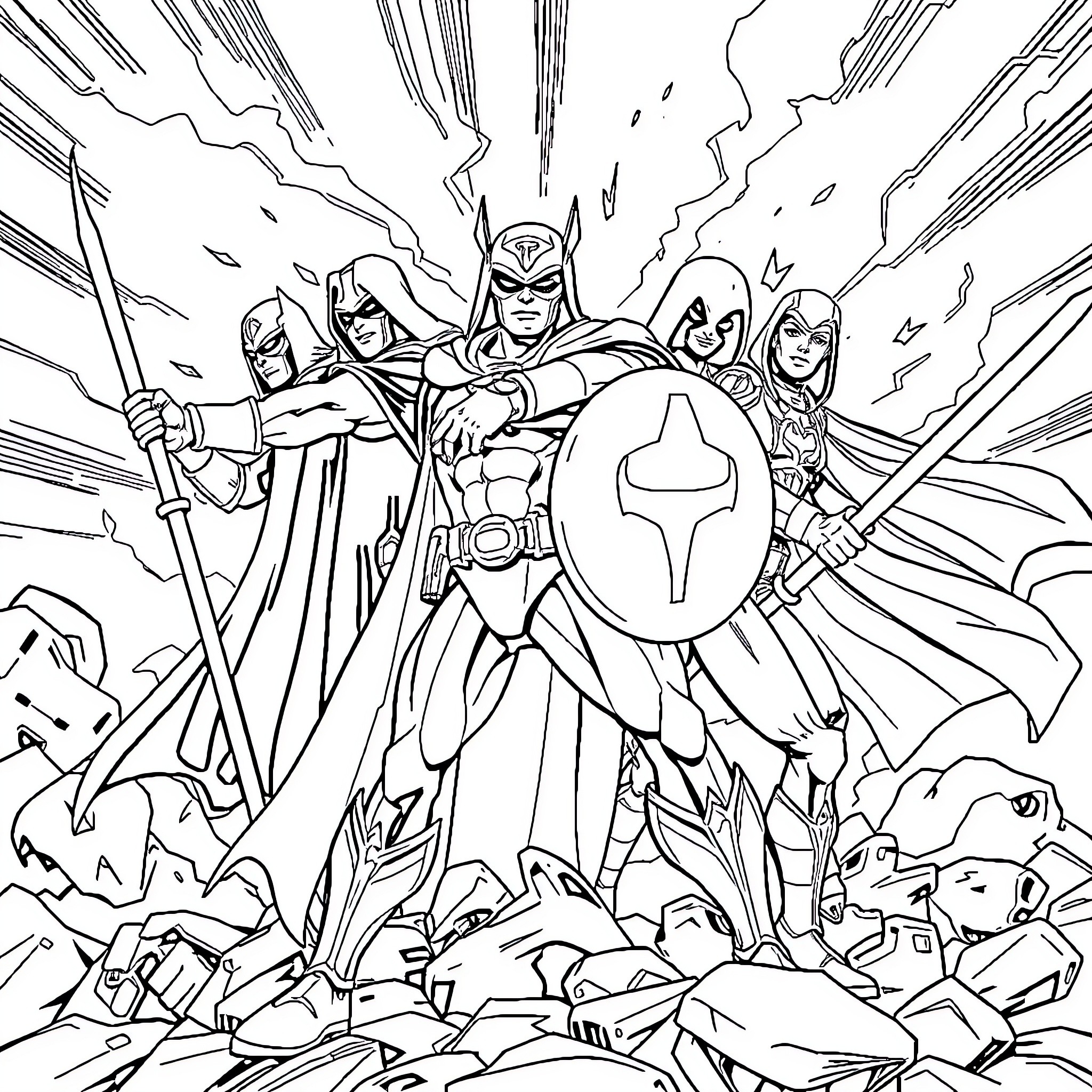Avengers Assemble for Epic Battle Coloring Page (free black-and-white line drawing printable PDF for all, from beginners to advanced learners, including children, teens, adults, and seniors)