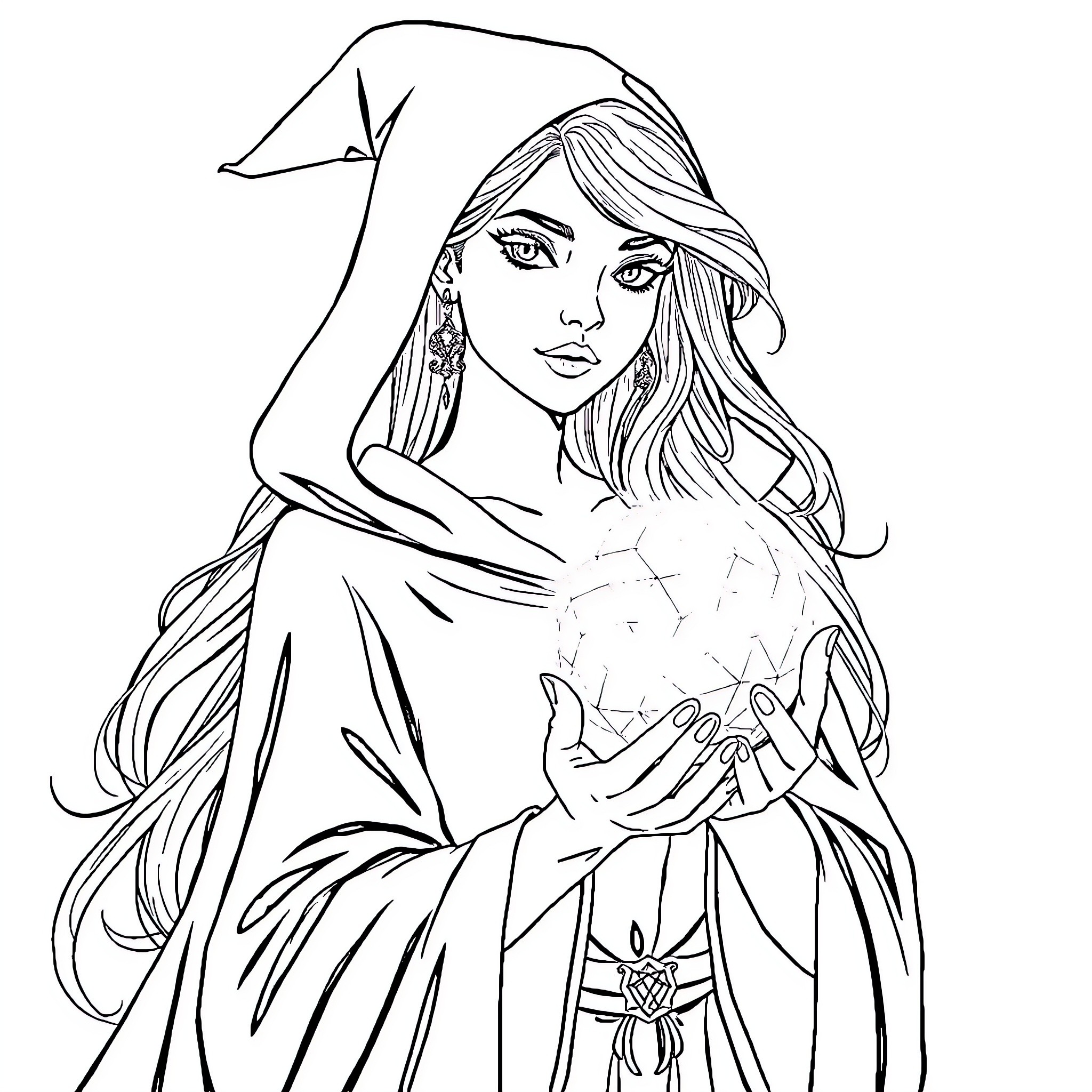 Wizardess summoning magical energy in mystic robes Coloring Page (free black-and-white line drawing printable PDF for all, from beginners to advanced learners, including children, teens, adults, and seniors)