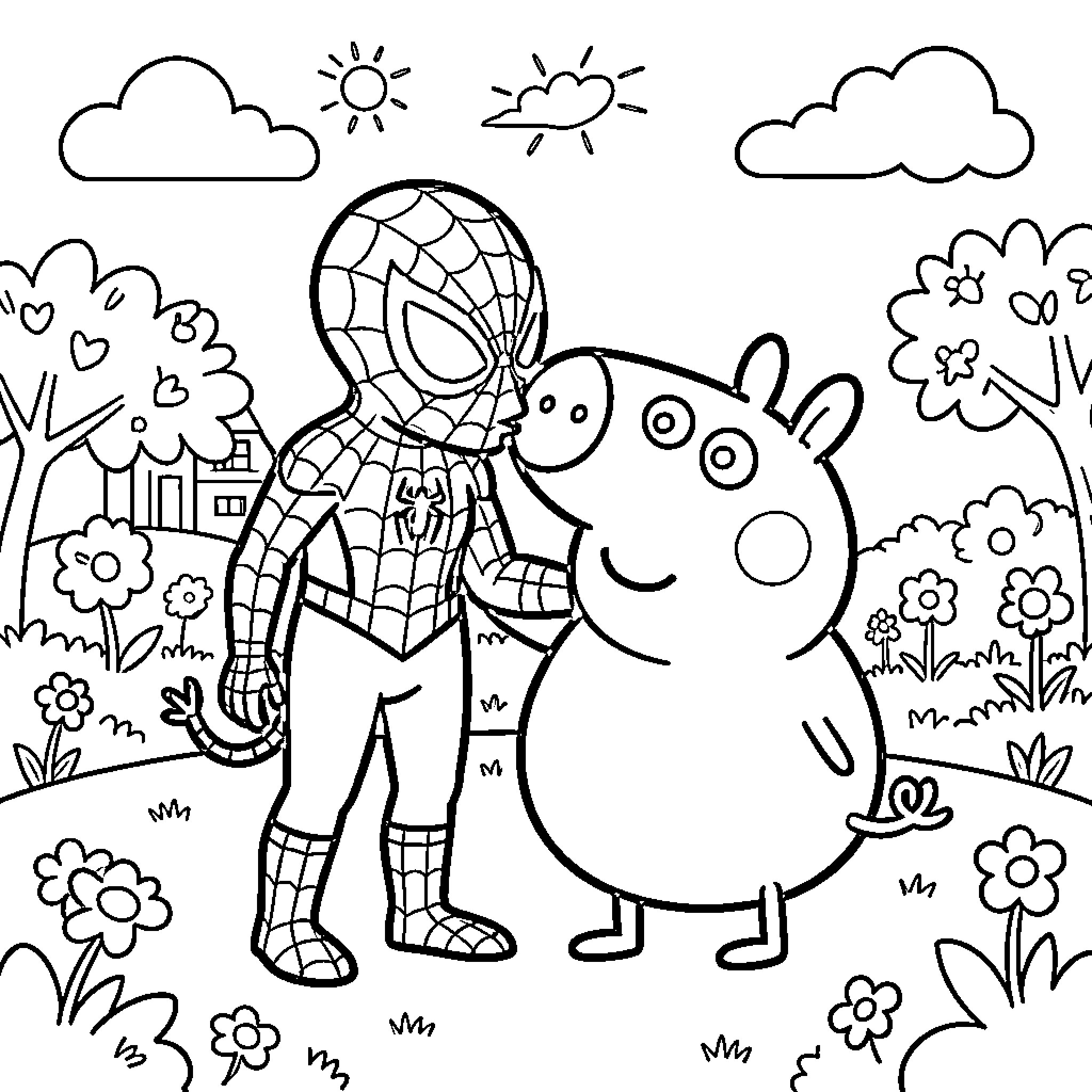 Spidey's Playful Adventure with Peppa Pig Coloring Page (free black-and-white line drawing printable PDF for all, from beginners to advanced learners, including children, teens, adults, and seniors)