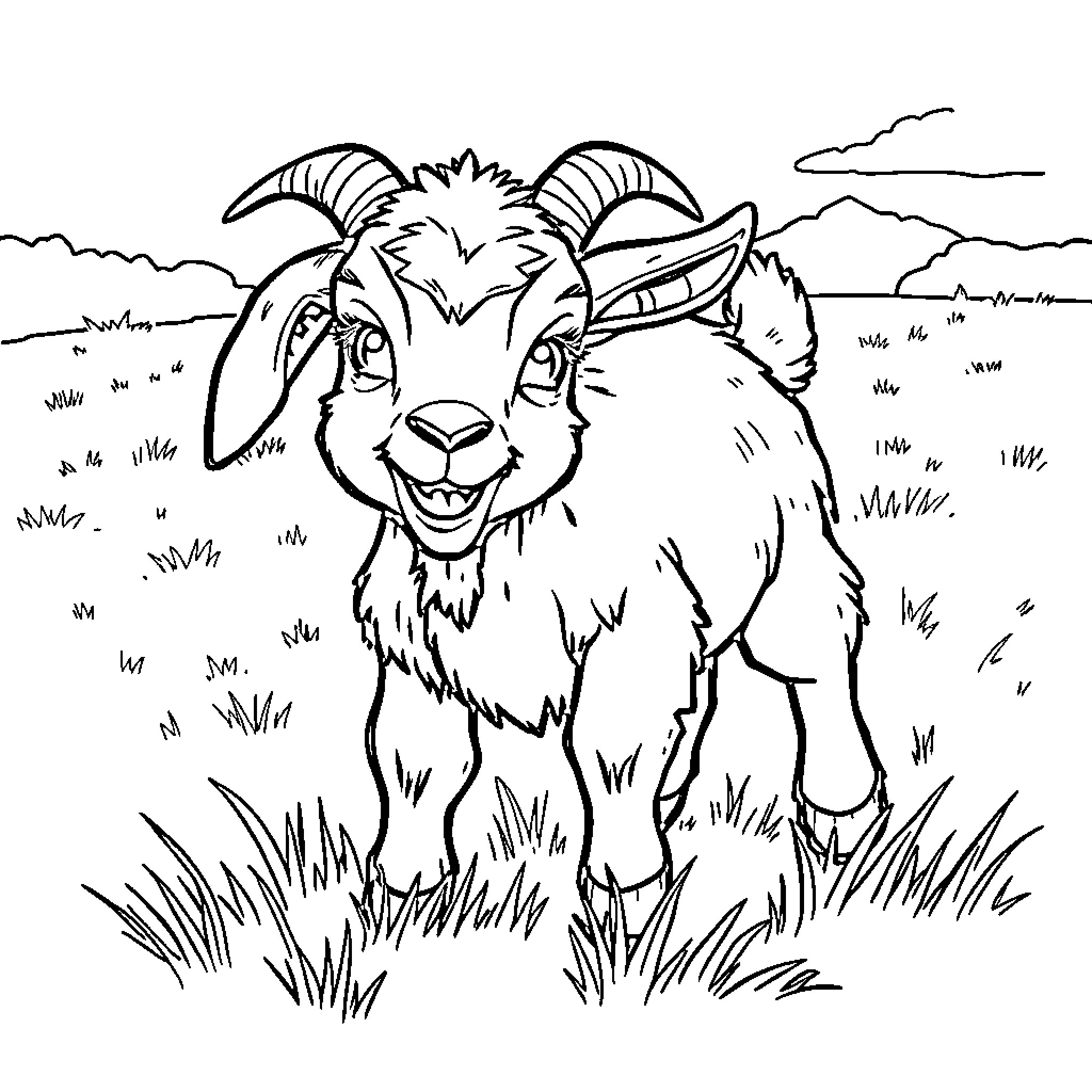 Goat enjoying the outdoors in a field Coloring Page (free black-and-white line drawing printable PDF for all, from beginners to advanced learners, including children, teens, adults, and seniors)