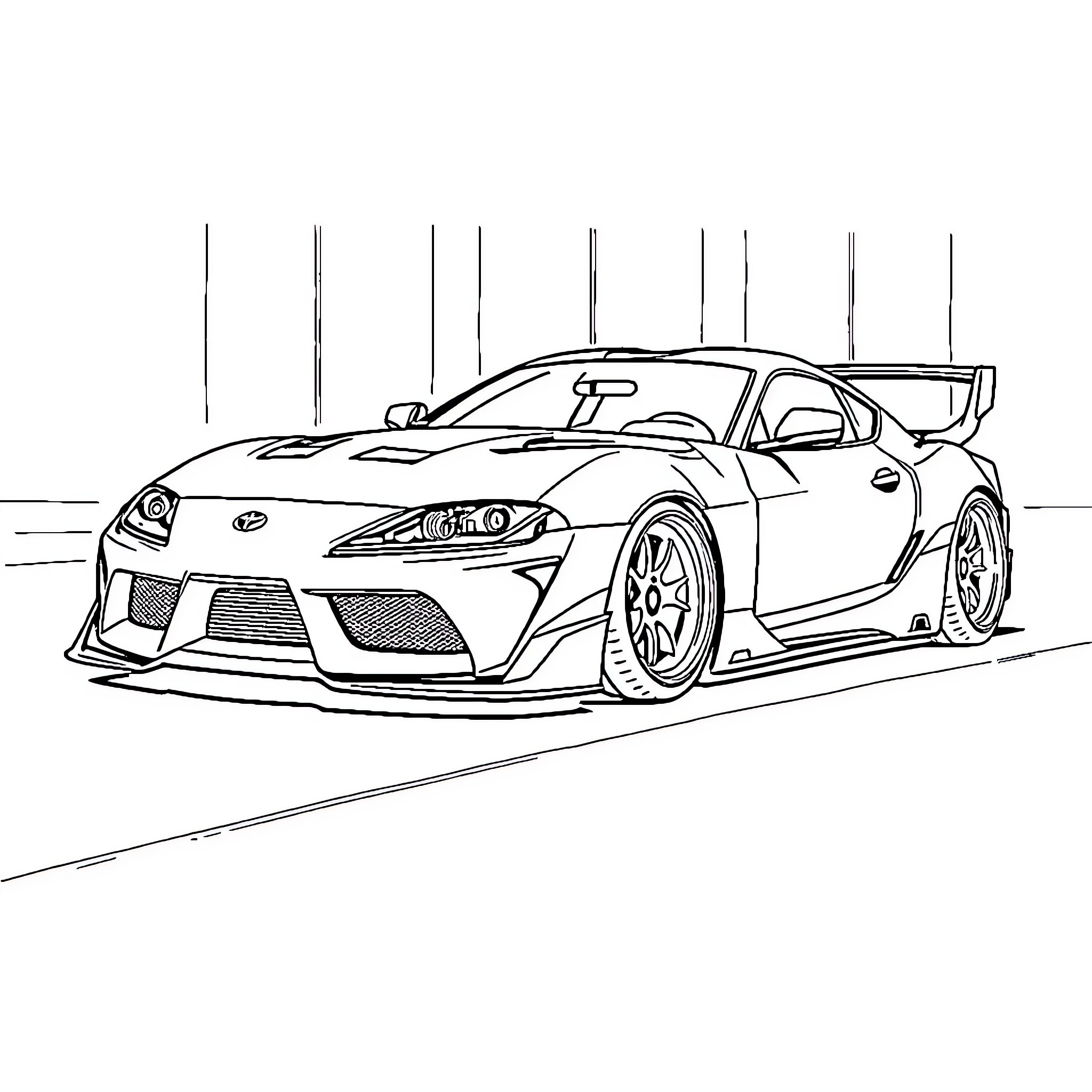 Supra race car speeding on the track Coloring Page (free black-and-white line drawing printable PDF for all, from beginners to advanced learners, including children, teens, adults, and seniors)