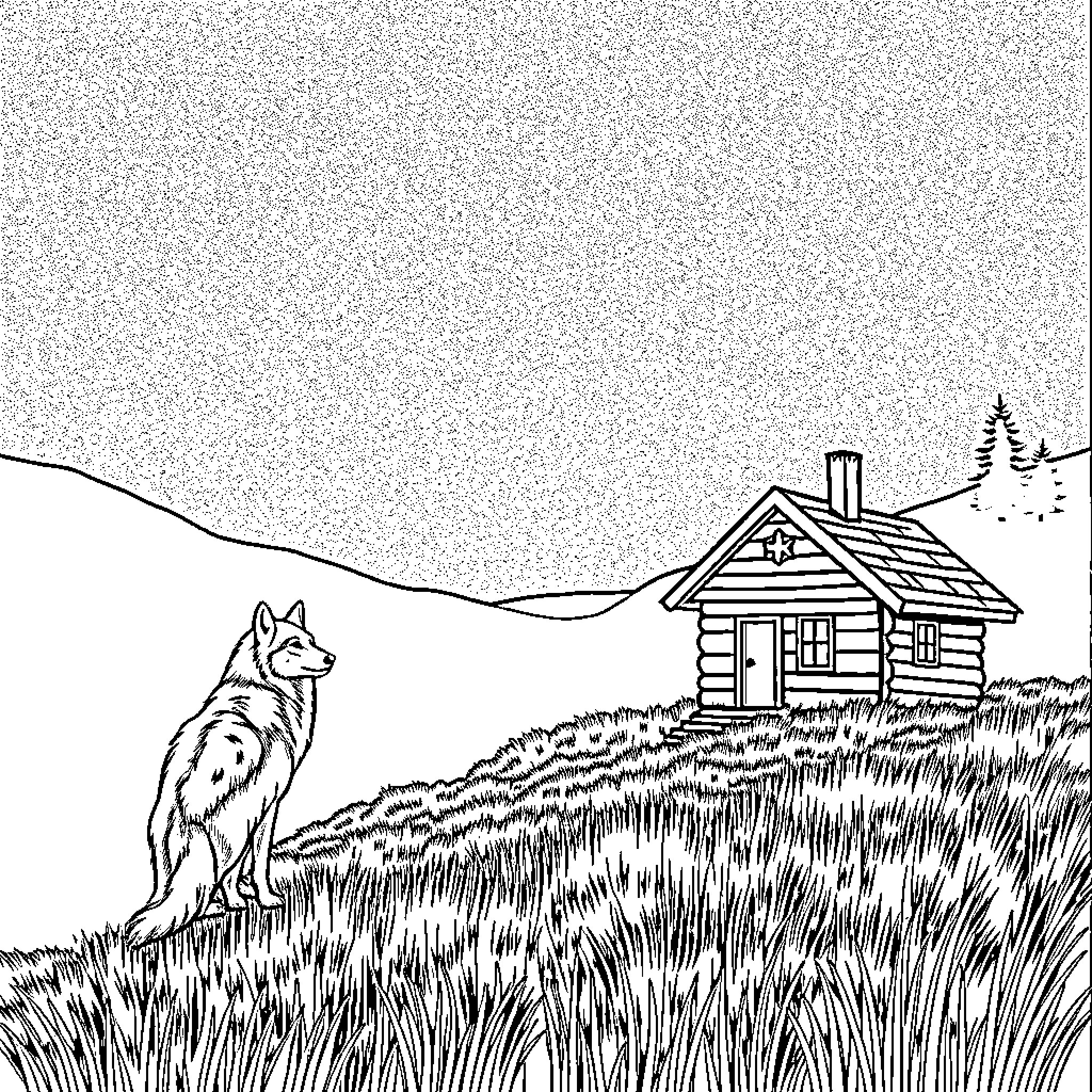 Wolf guarding rustic log cabin in the wilderness Coloring Page (free black-and-white line drawing printable PDF for all, from beginners to advanced learners, including children, teens, adults, and seniors)
