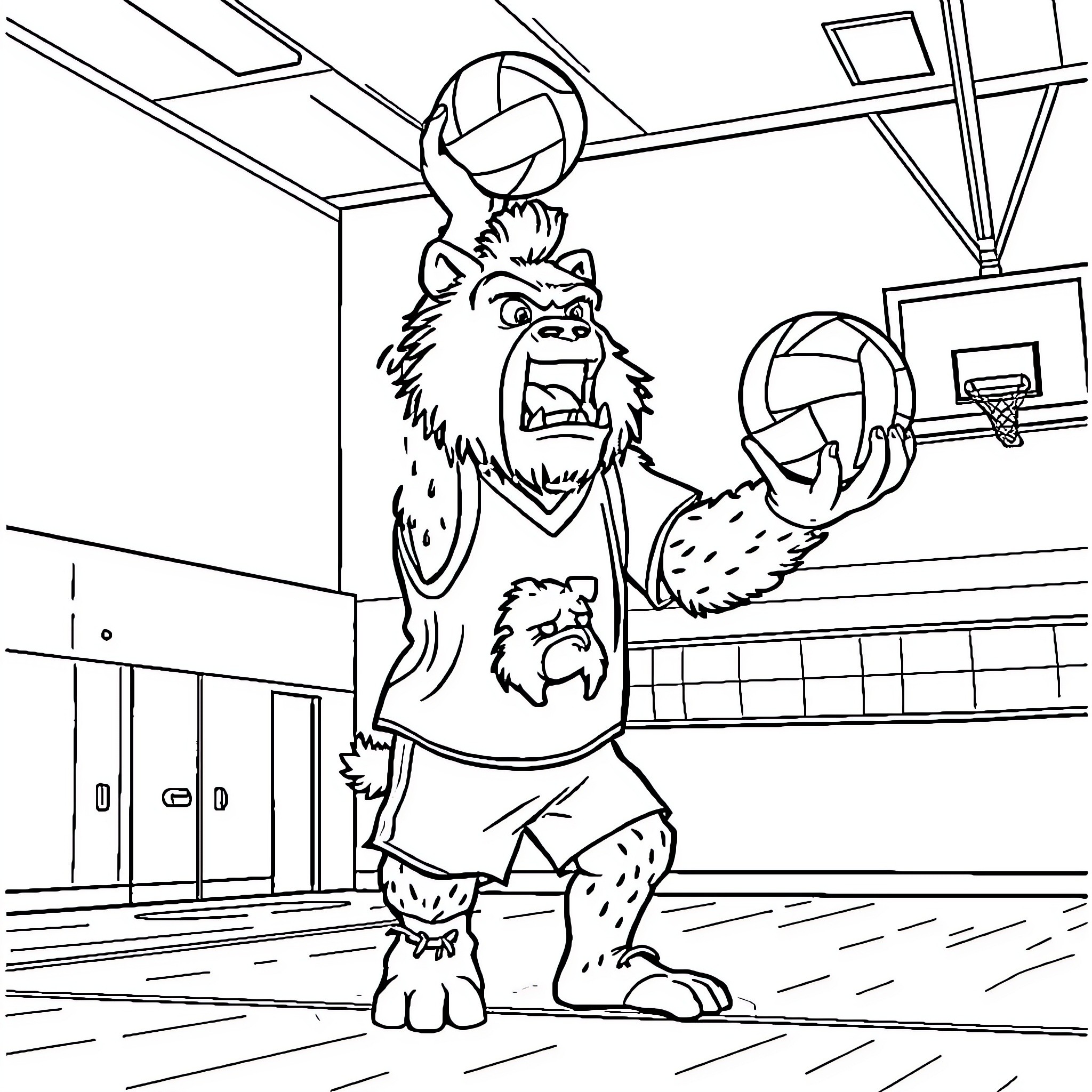 Yeti playing volleyball in the gym Coloring Page (free black-and-white line drawing printable PDF for all, from beginners to advanced learners, including children, teens, adults, and seniors)