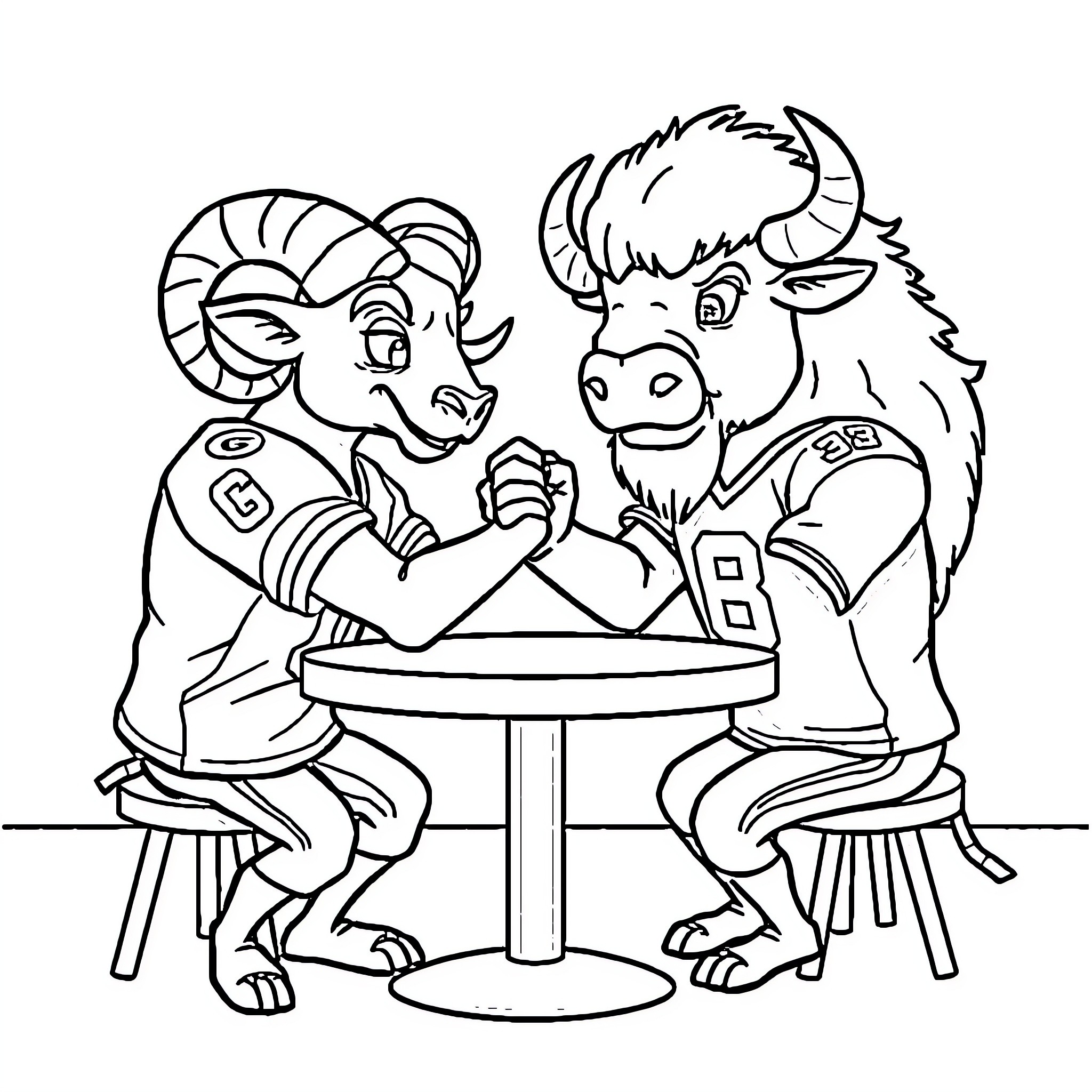 Ram Athletes Arm Wrestling in Competition Coloring Page (free black-and-white line drawing printable PDF for all, from beginners to advanced learners, including children, teens, adults, and seniors)