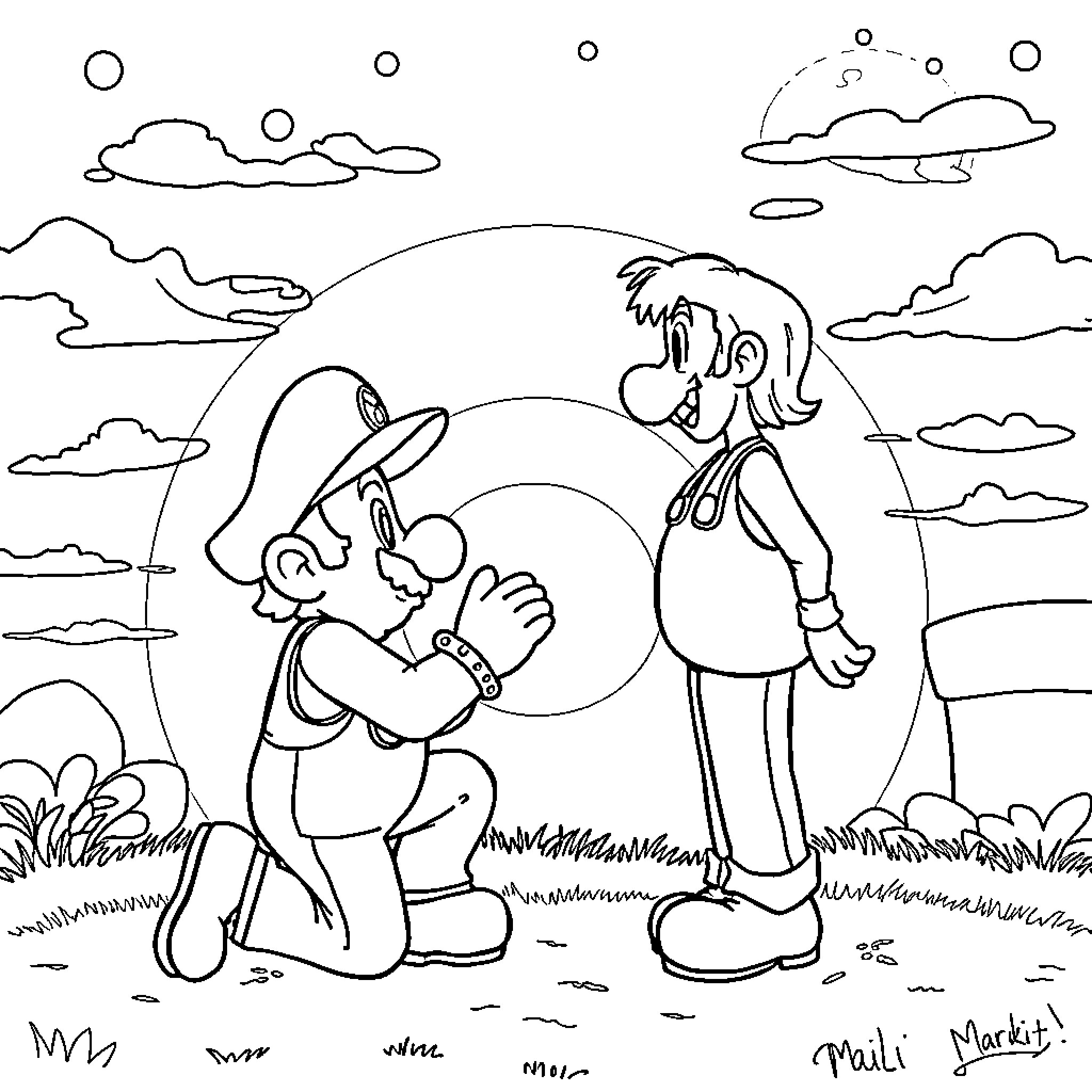 Mario and friend exploring the outdoors Coloring Page (free black-and-white line drawing printable PDF for all, from beginners to advanced learners, including children, teens, adults, and seniors)