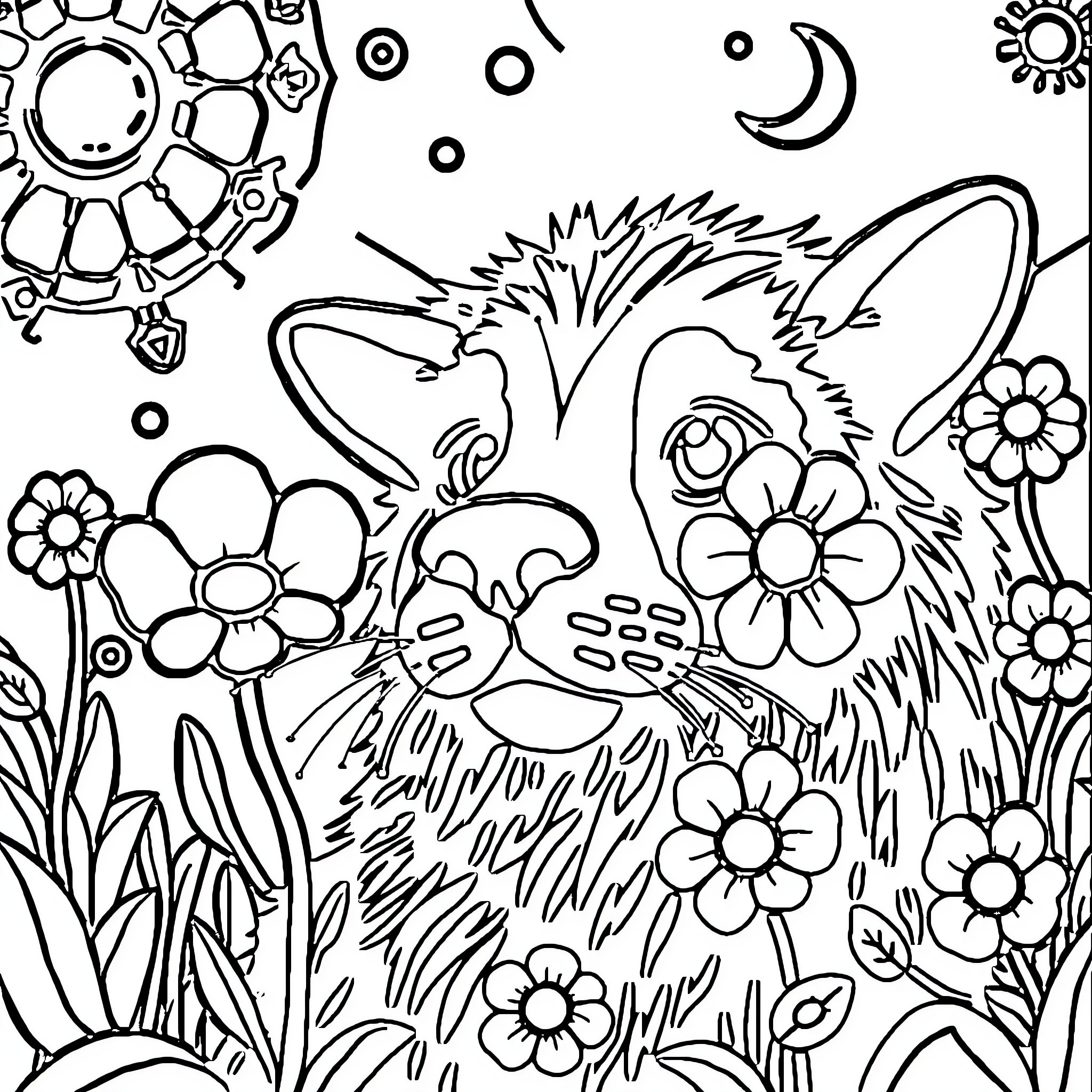 Color by Numbers: Whimsical animal surrounded by flowers Coloring Page (free black-and-white line drawing printable PDF for all, from beginners to advanced learners, including children, teens, adults, and seniors)