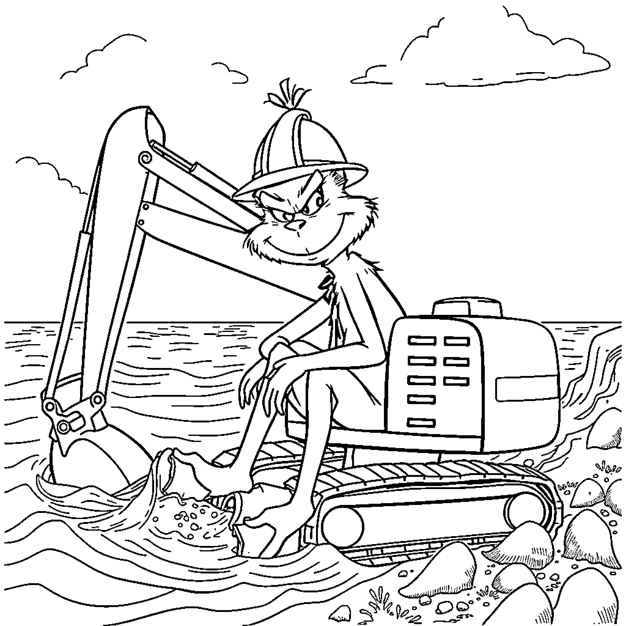 Grinch operating a construction vehicle on the beach Coloring Page (free black-and-white line drawing printable PDF for all, from beginners to advanced learners, including children, teens, adults, and seniors)
