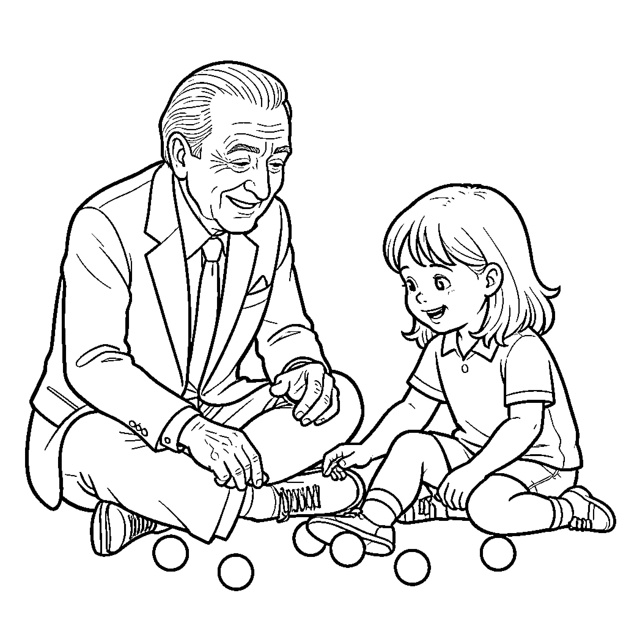 Jacques Chirac smiling while sitting with a young girl Coloring Page (free black-and-white line drawing printable PDF for all, from beginners to advanced learners, including children, teens, adults, and seniors)