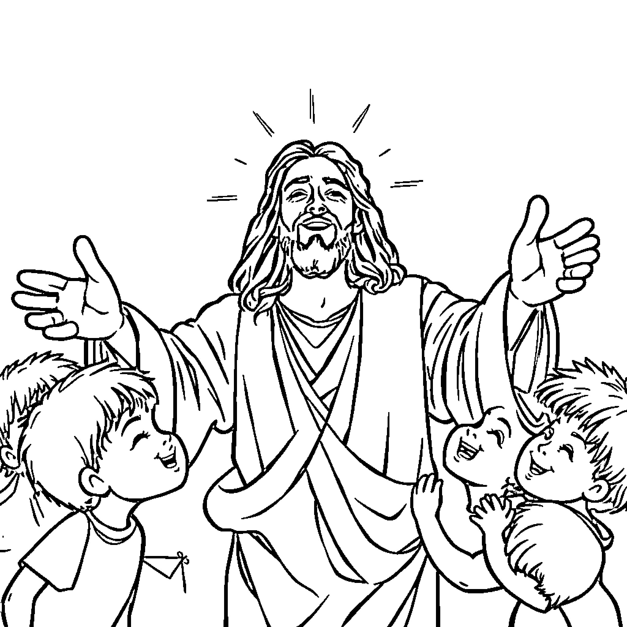 Jesucristo blessing and embracing children Coloring Page (free black-and-white line drawing printable PDF for all, from beginners to advanced learners, including children, teens, adults, and seniors)