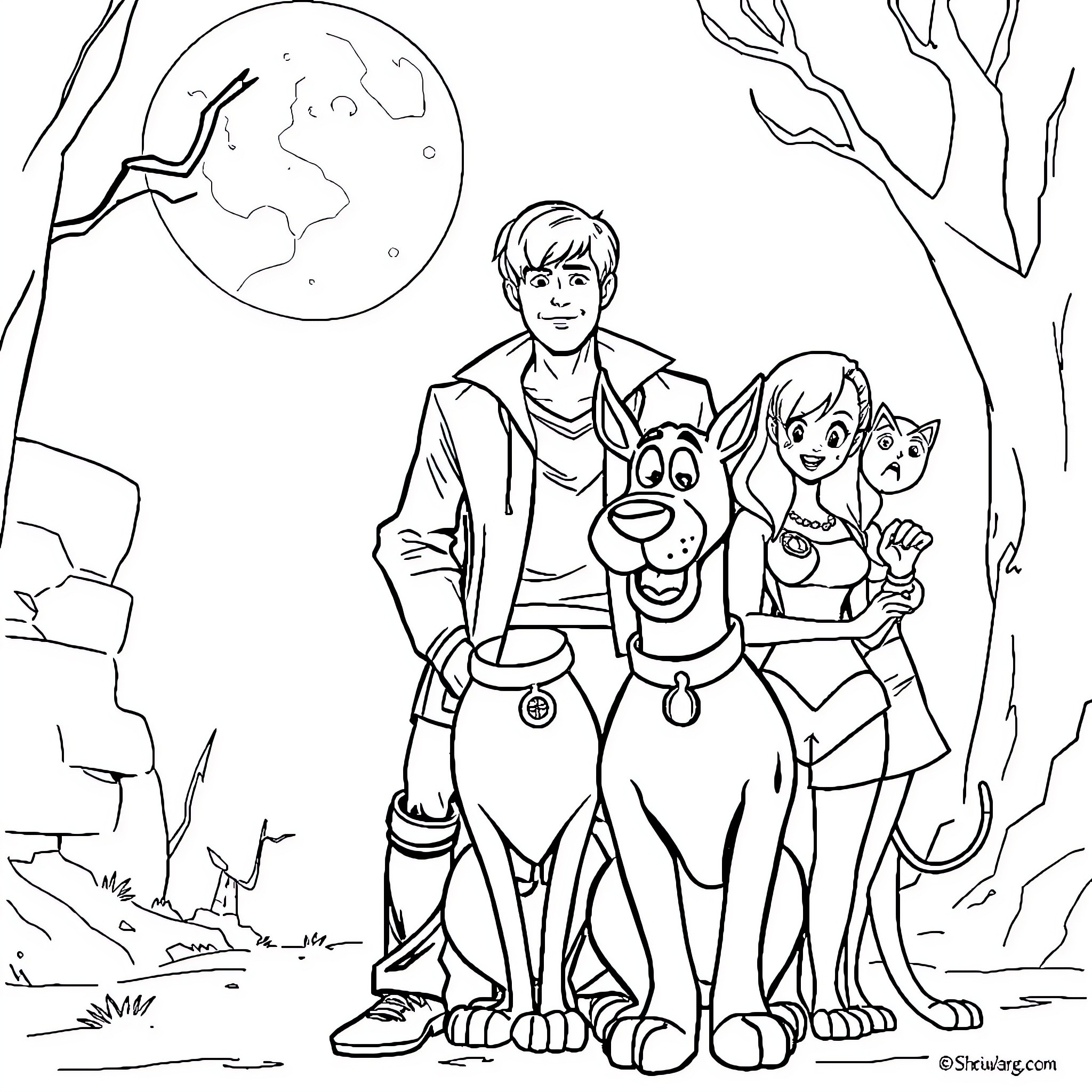 Sam and Dean Winchester explore the supernatural with their dog companion Coloring Page (free black-and-white line drawing printable PDF for all, from beginners to advanced learners, including children, teens, adults, and seniors)