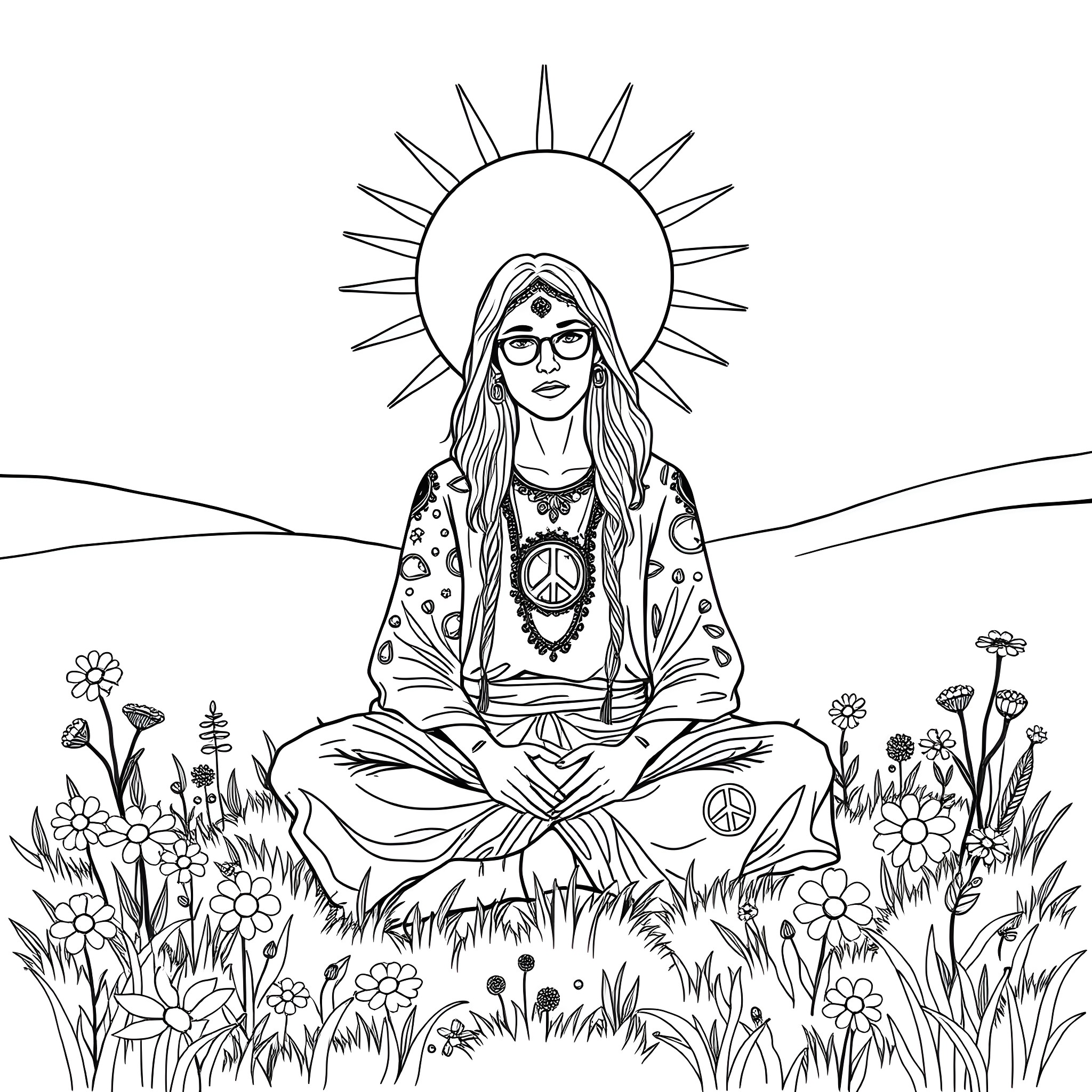 Hippie woman meditating in nature's tranquility Coloring Page (free black-and-white line drawing printable PDF for all, from beginners to advanced learners, including children, teens, adults, and seniors)