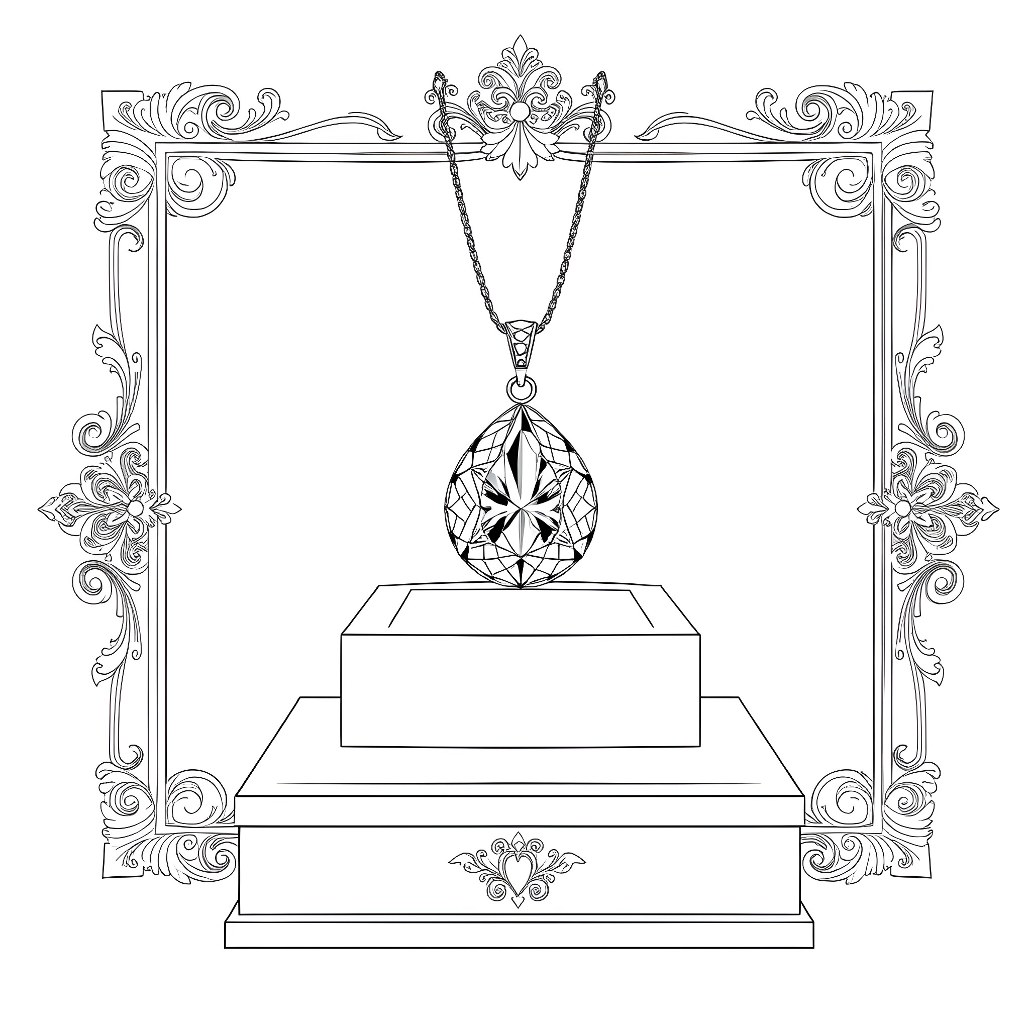 Gemstone Pendant on Ornate Display Coloring Page (free black-and-white line drawing printable PDF for all, from beginners to advanced learners, including children, teens, adults, and seniors)