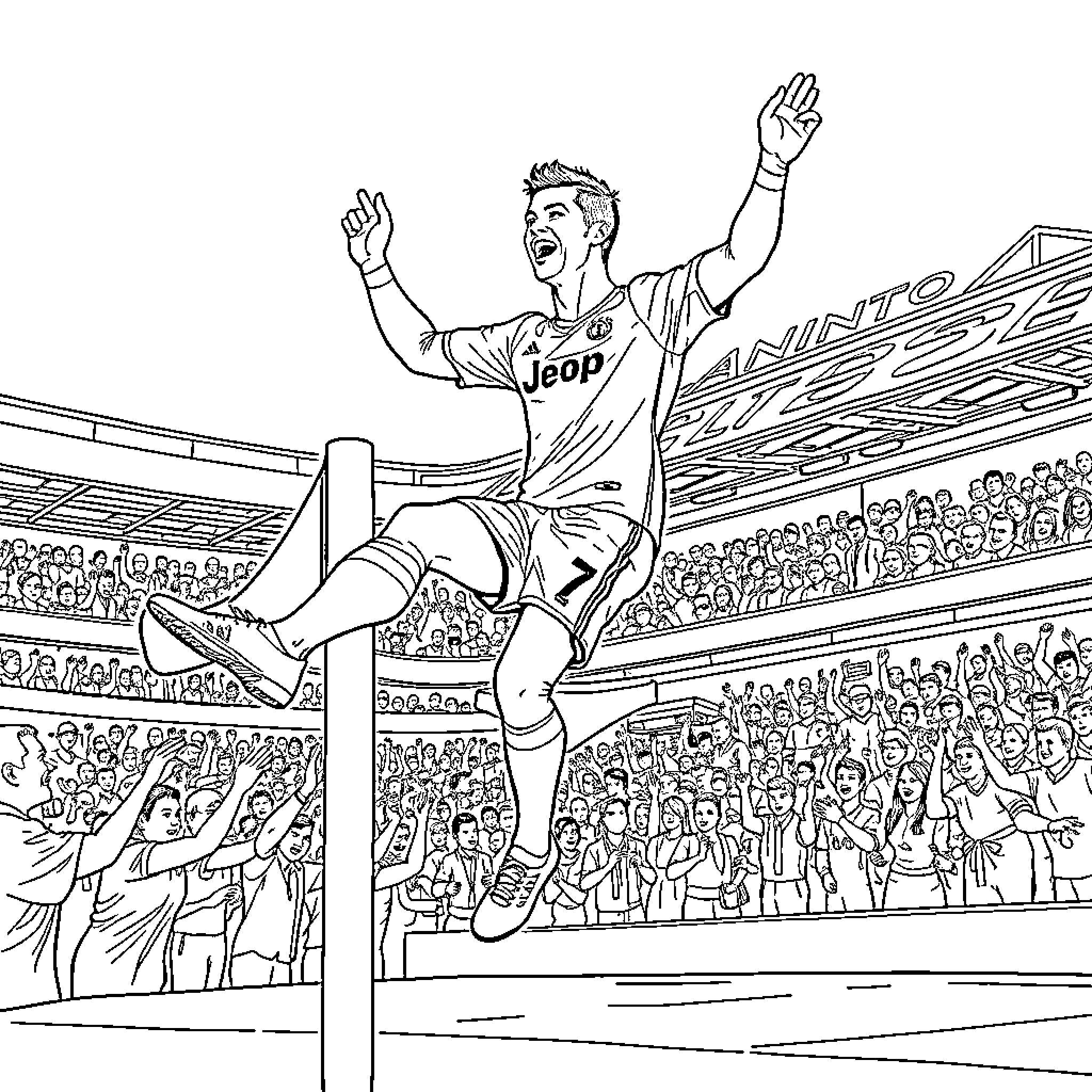 Cr7 Football Player Celebrating Goal in Stadium Coloring Page (free black-and-white line drawing printable PDF for all, from beginners to advanced learners, including children, teens, adults, and seniors)