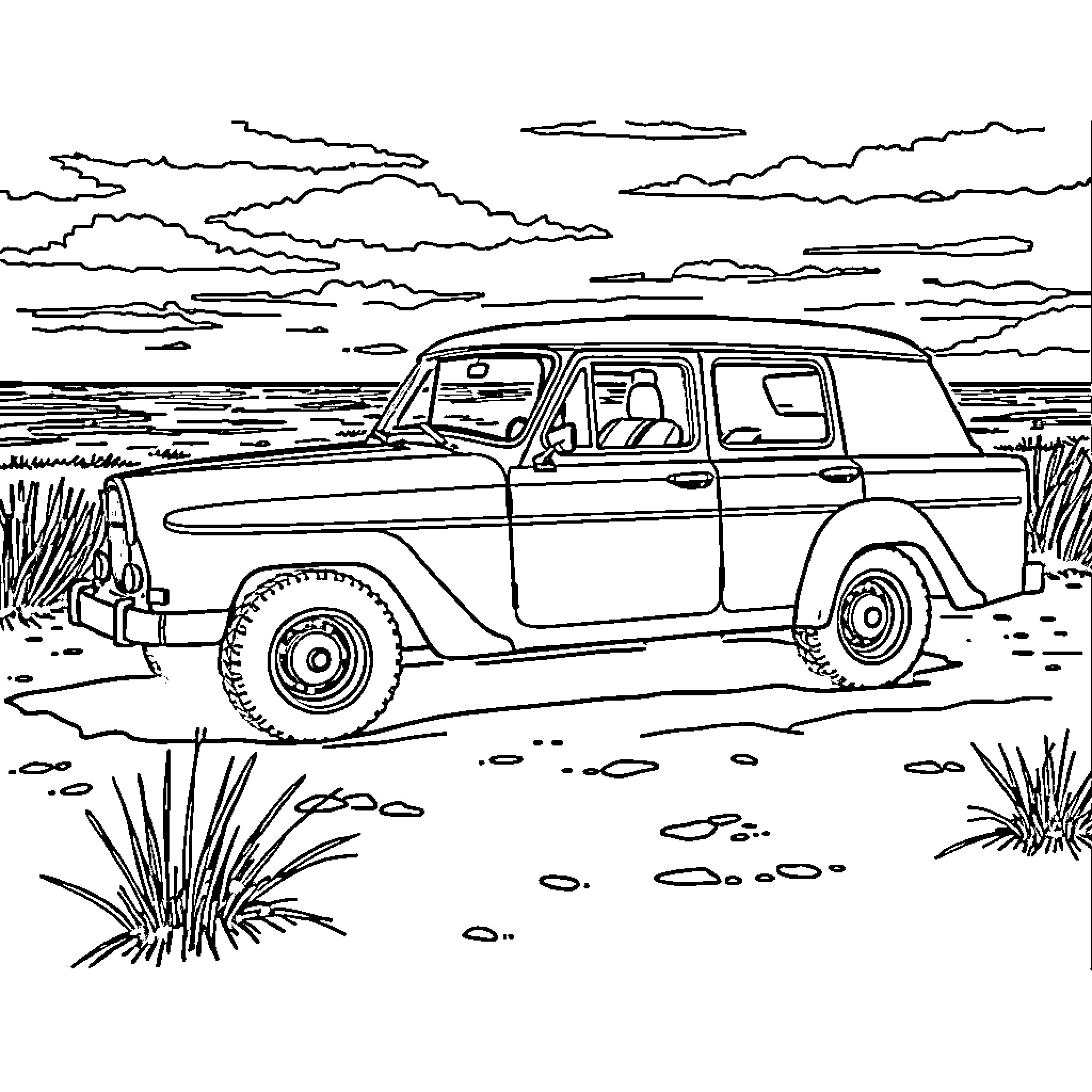 Huntrix Truck Navigates Countryside Landscape Coloring Page (free black-and-white line drawing printable PDF for all, from beginners to advanced learners, including children, teens, adults, and seniors)