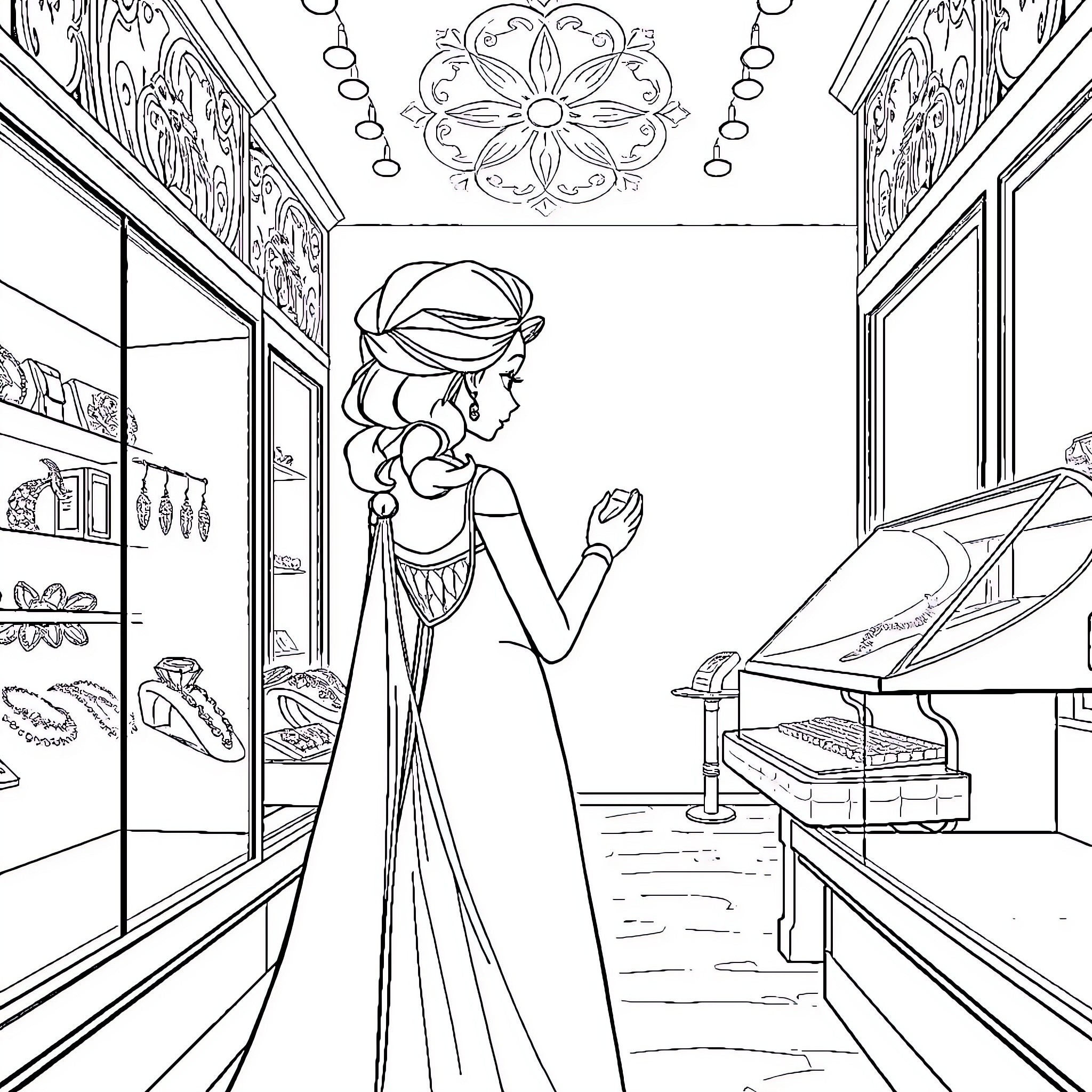 Elsa admiring her ornate dressing room Coloring Page (free black-and-white line drawing printable PDF for all, from beginners to advanced learners, including children, teens, adults, and seniors)