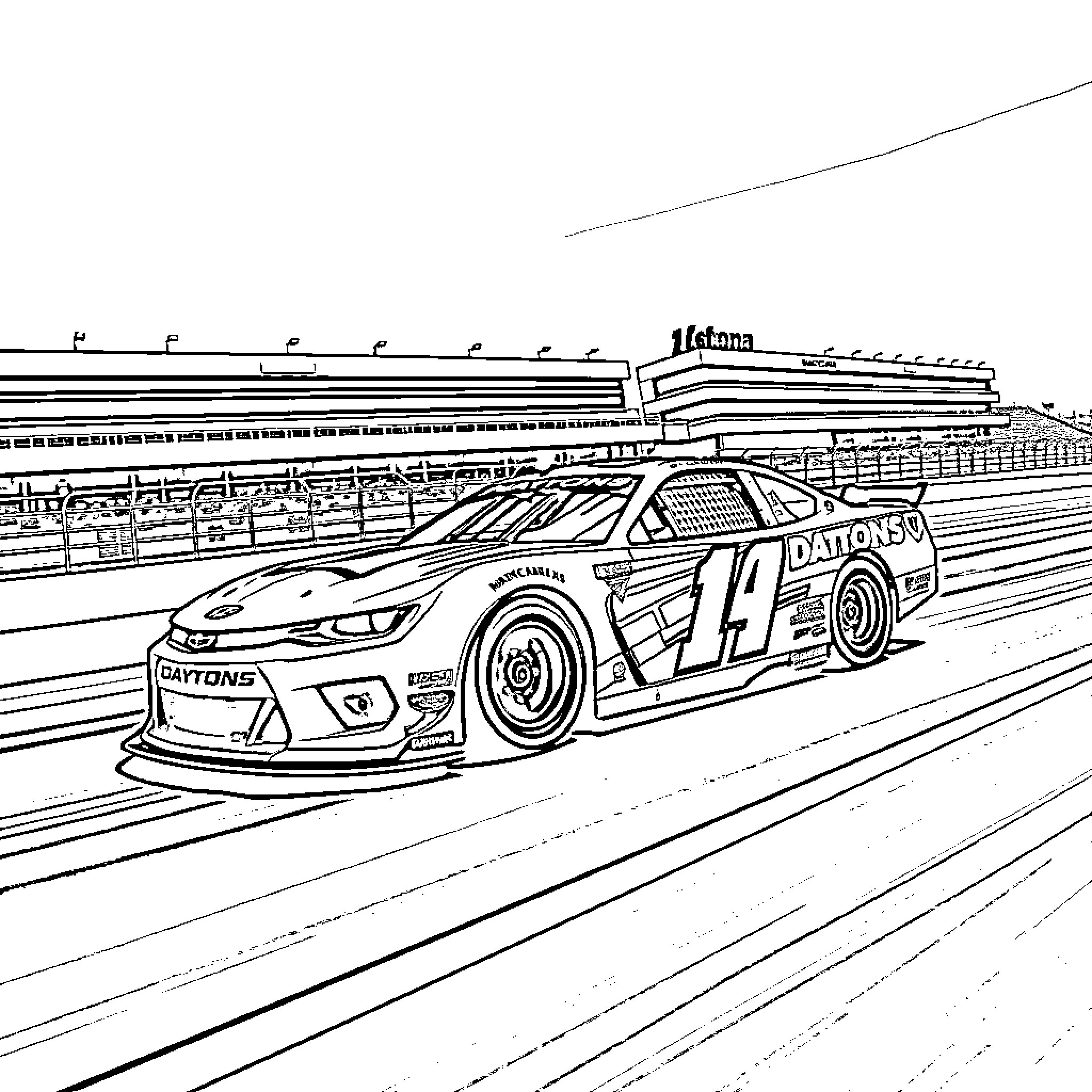 Nascar race car speeding on the track Coloring Page (free black-and-white line drawing printable PDF for all, from beginners to advanced learners, including children, teens, adults, and seniors)