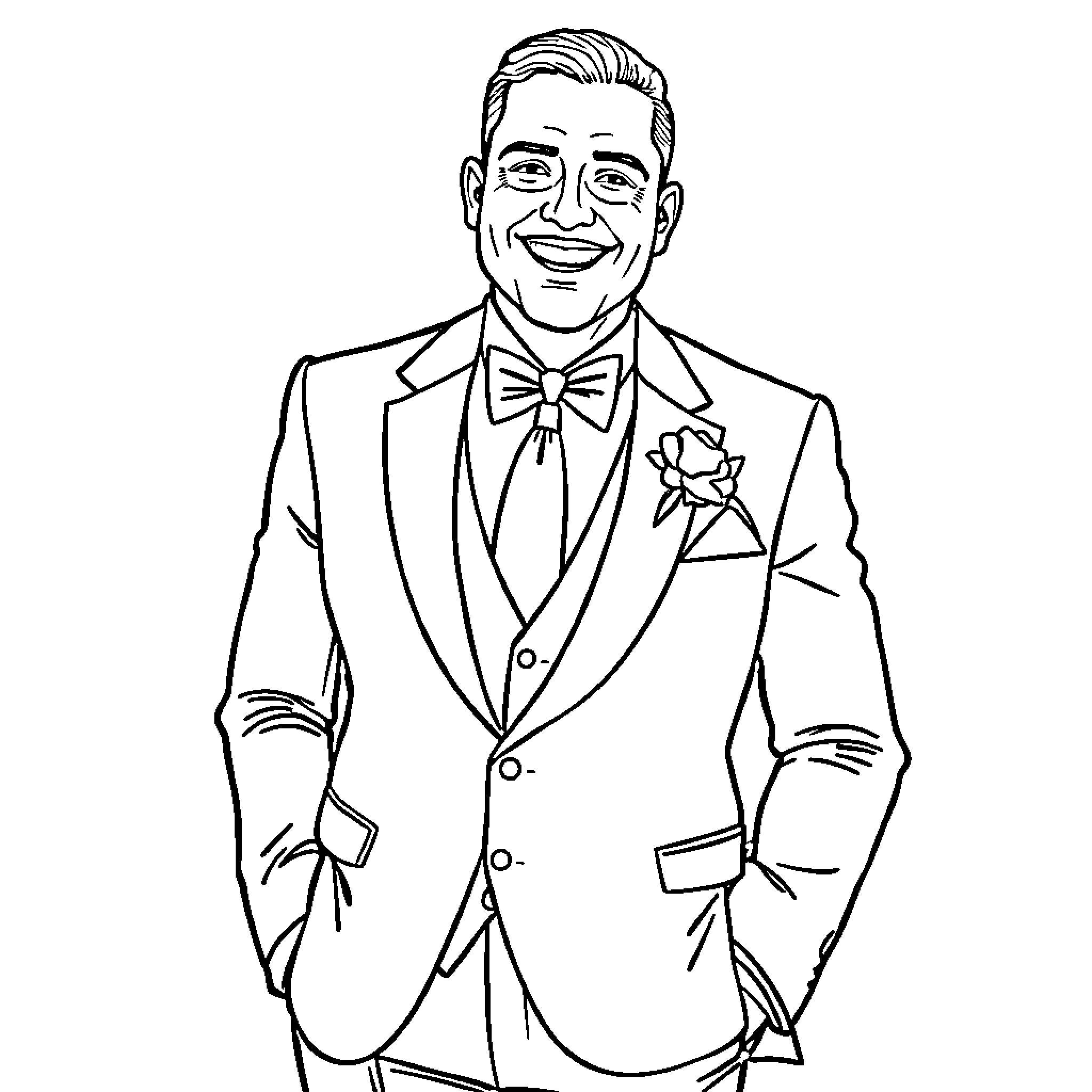 Groom smiling happily in formal attire Coloring Page (free black-and-white line drawing printable PDF for all, from beginners to advanced learners, including children, teens, adults, and seniors)