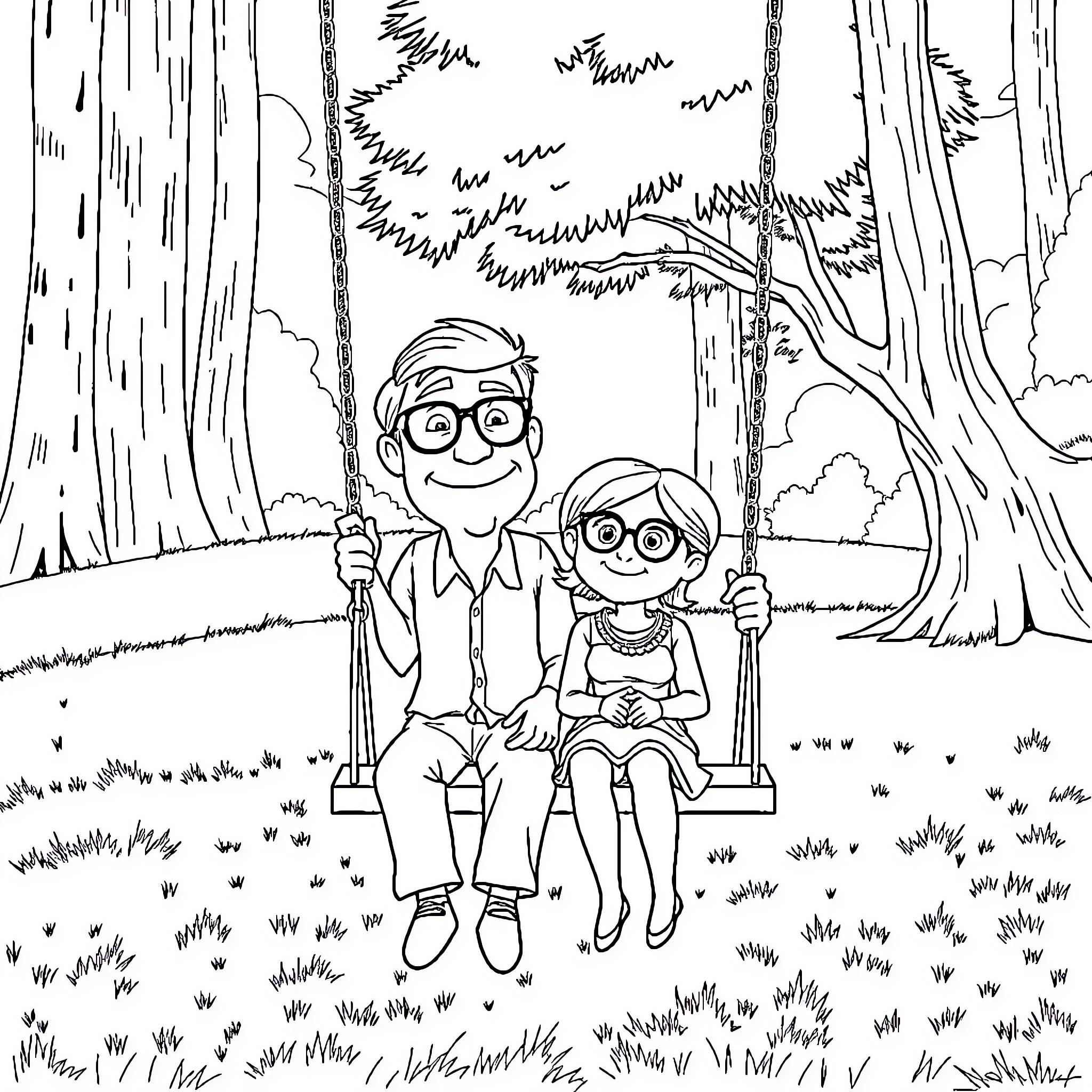 Carl and His Daughter Enjoy a Peaceful Moment Coloring Page (free black-and-white line drawing printable PDF for all, from beginners to advanced learners, including children, teens, adults, and seniors)