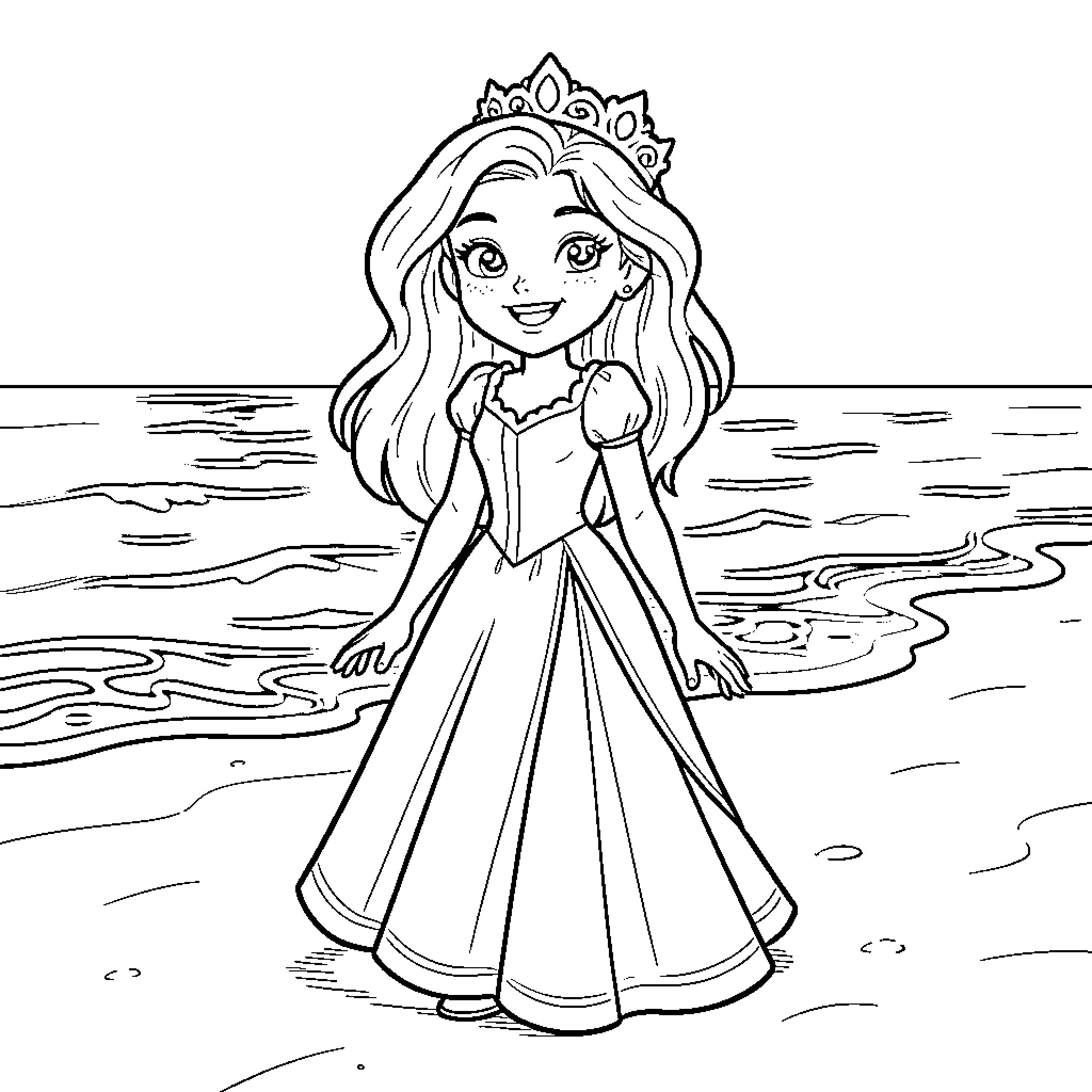 Jasmine, the joyful princess by the sea Coloring Page (free black-and-white line drawing printable PDF for all, from beginners to advanced learners, including children, teens, adults, and seniors)