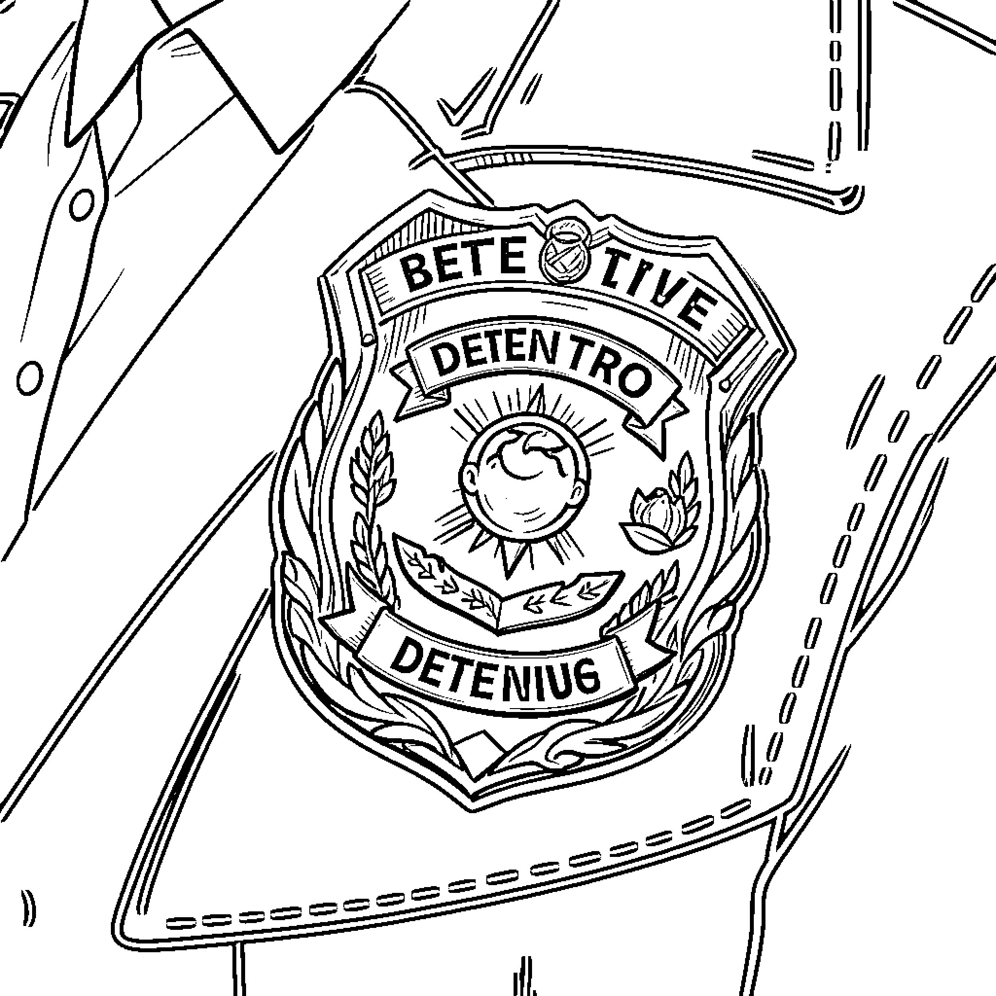Detective Badge pinned to a professional uniform jacket Coloring Page (free black-and-white line drawing printable PDF for all, from beginners to advanced learners, including children, teens, adults, and seniors)