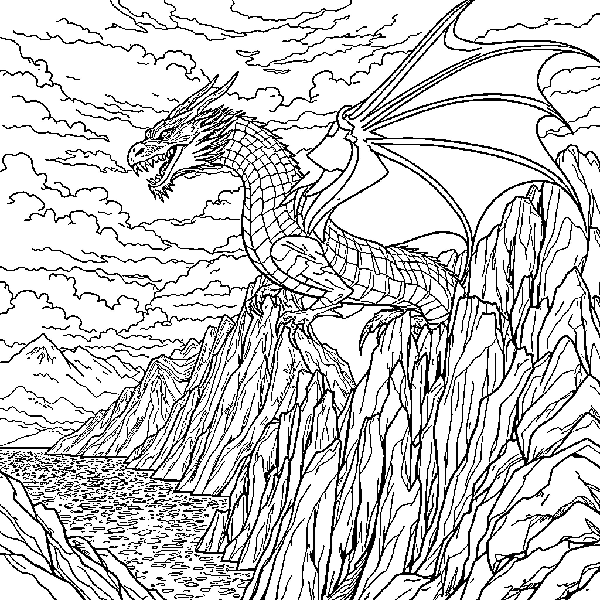 Dragon soaring majestically over mountainous landscapes Coloring Page (free black-and-white line drawing printable PDF for all, from beginners to advanced learners, including children, teens, adults, and seniors)