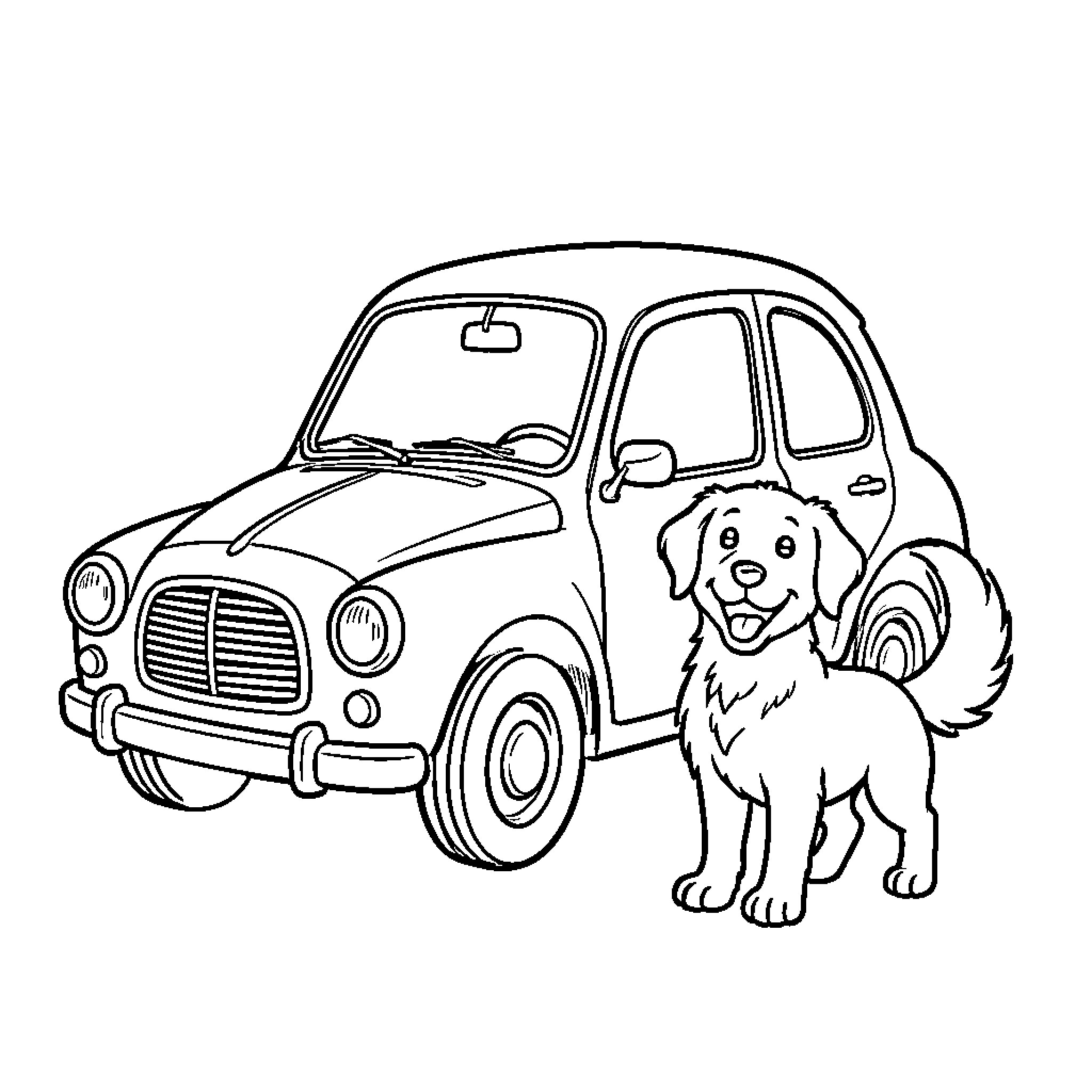 Car with happy dog next to it Coloring Page (free black-and-white line drawing printable PDF for all, from beginners to advanced learners, including children, teens, adults, and seniors)