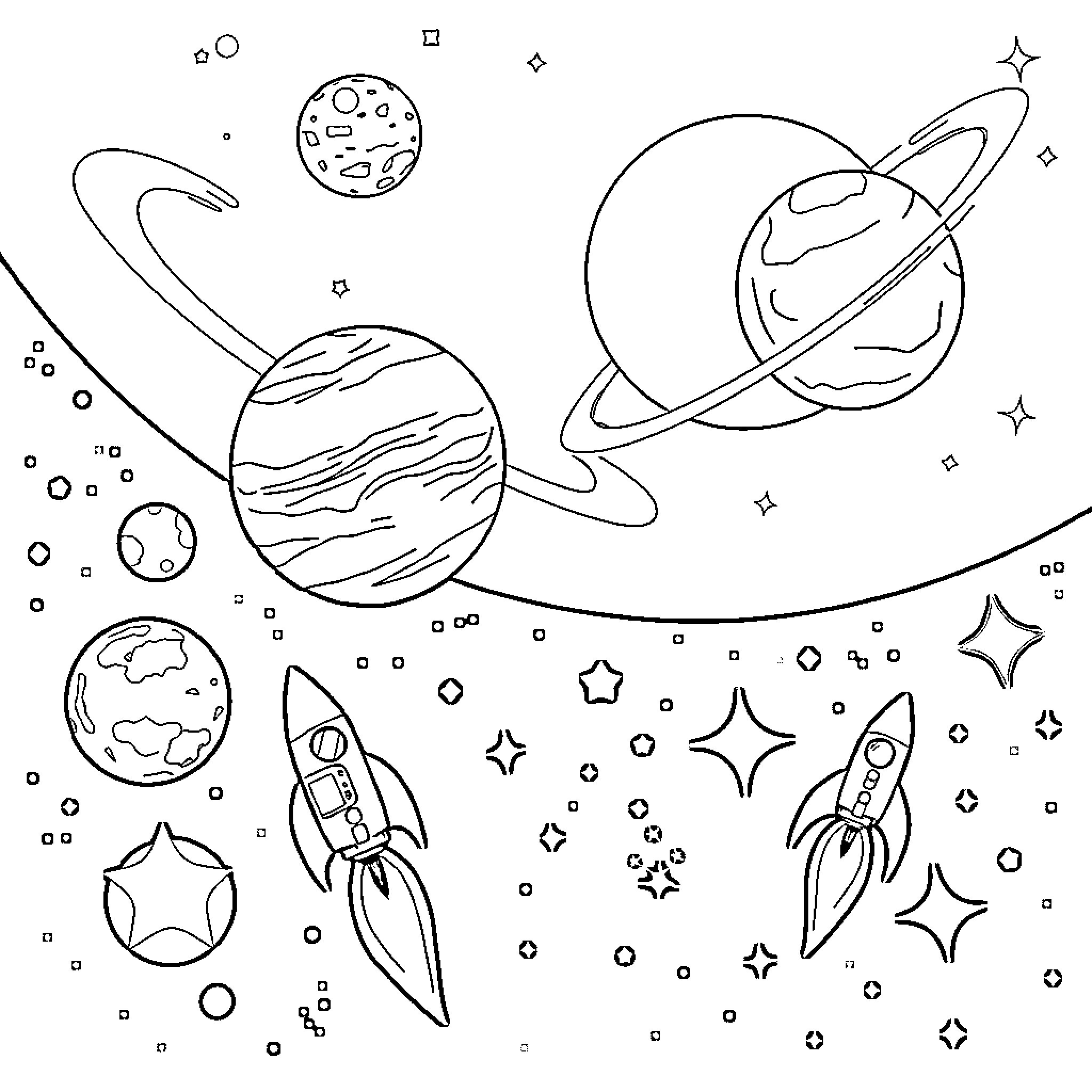 Planet Exploration Adventure in the Cosmic Realm Coloring Page (free black-and-white line drawing printable PDF for all, from beginners to advanced learners, including children, teens, adults, and seniors)