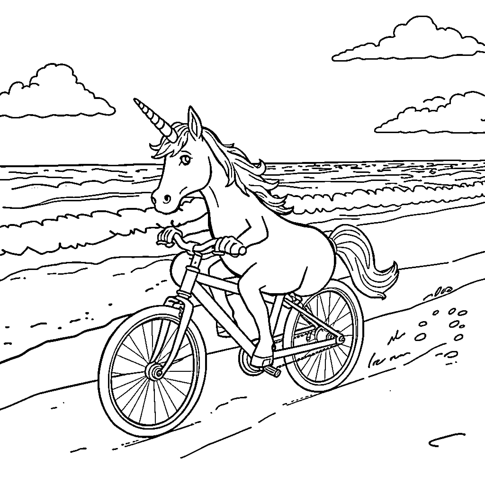 Unicorn rides bicycle by the ocean Coloring Page (free black-and-white line drawing printable PDF for all, from beginners to advanced learners, including children, teens, adults, and seniors)