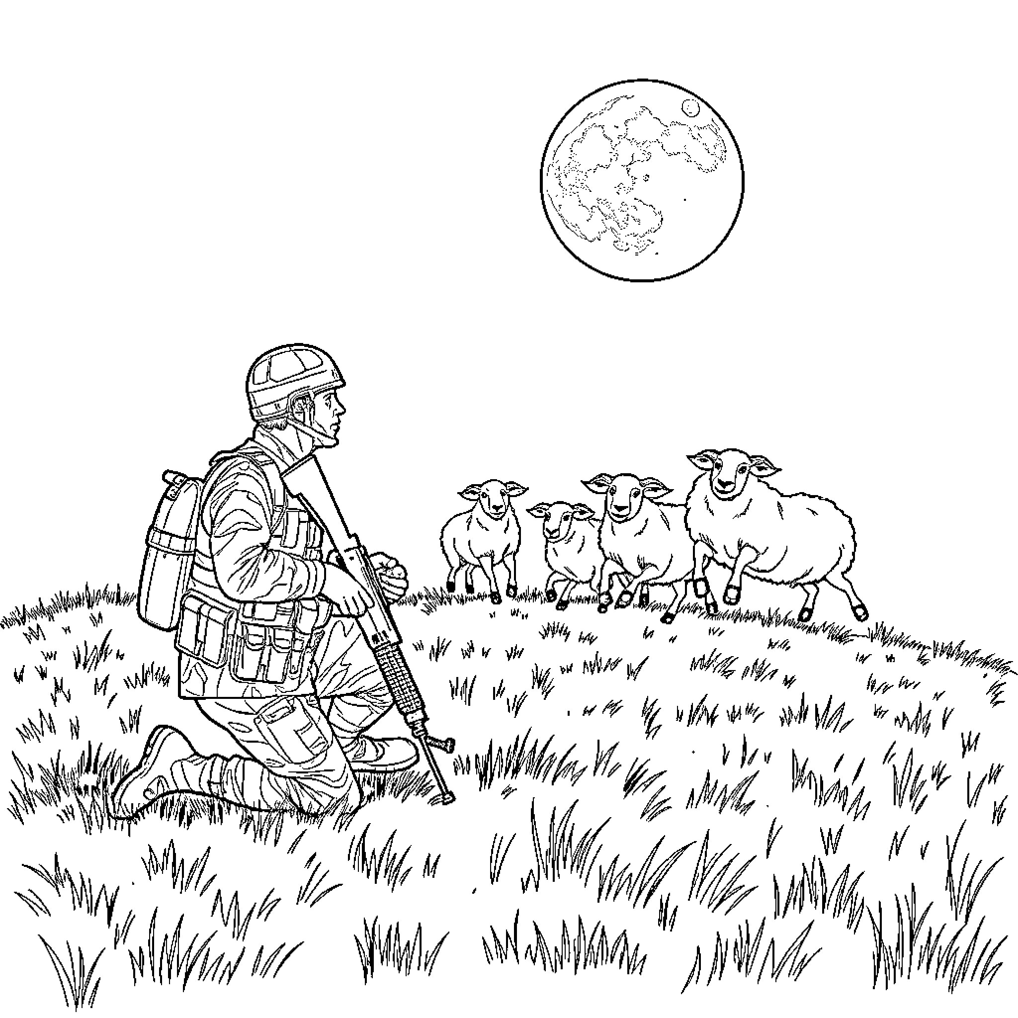 Soldier on patrol in the moonlight with sheep Coloring Page (free black-and-white line drawing printable PDF for all, from beginners to advanced learners, including children, teens, adults, and seniors)