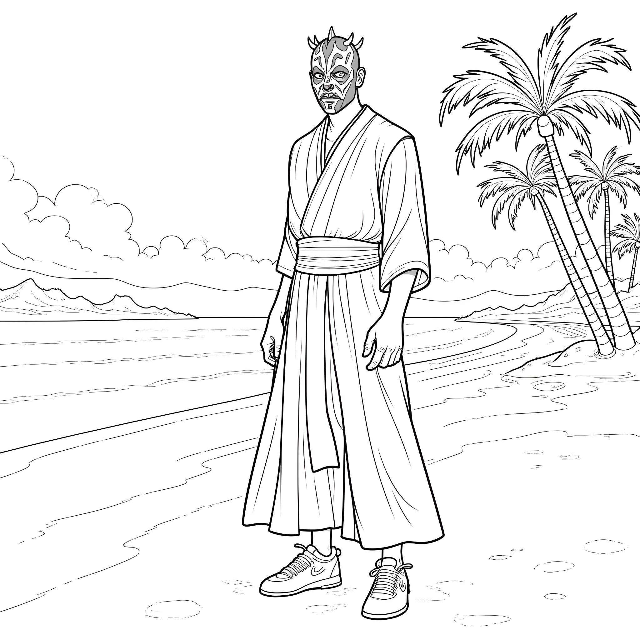 Darth Maul standing on the beach Coloring Page (free black-and-white line drawing printable PDF for all, from beginners to advanced learners, including children, teens, adults, and seniors)