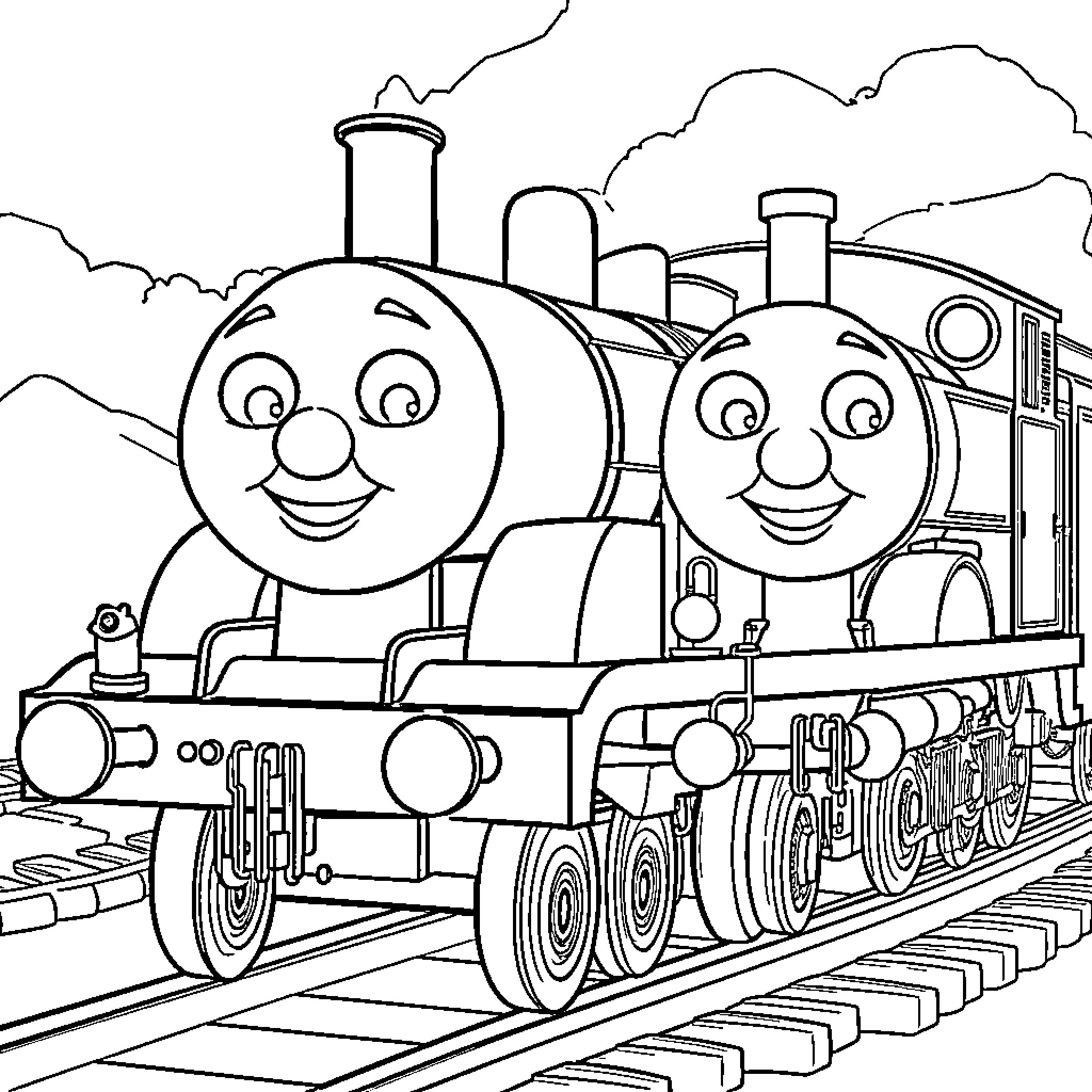 Thomas and his train friend explore the tracks Coloring Page (free black-and-white line drawing printable PDF for all, from beginners to advanced learners, including children, teens, adults, and seniors)