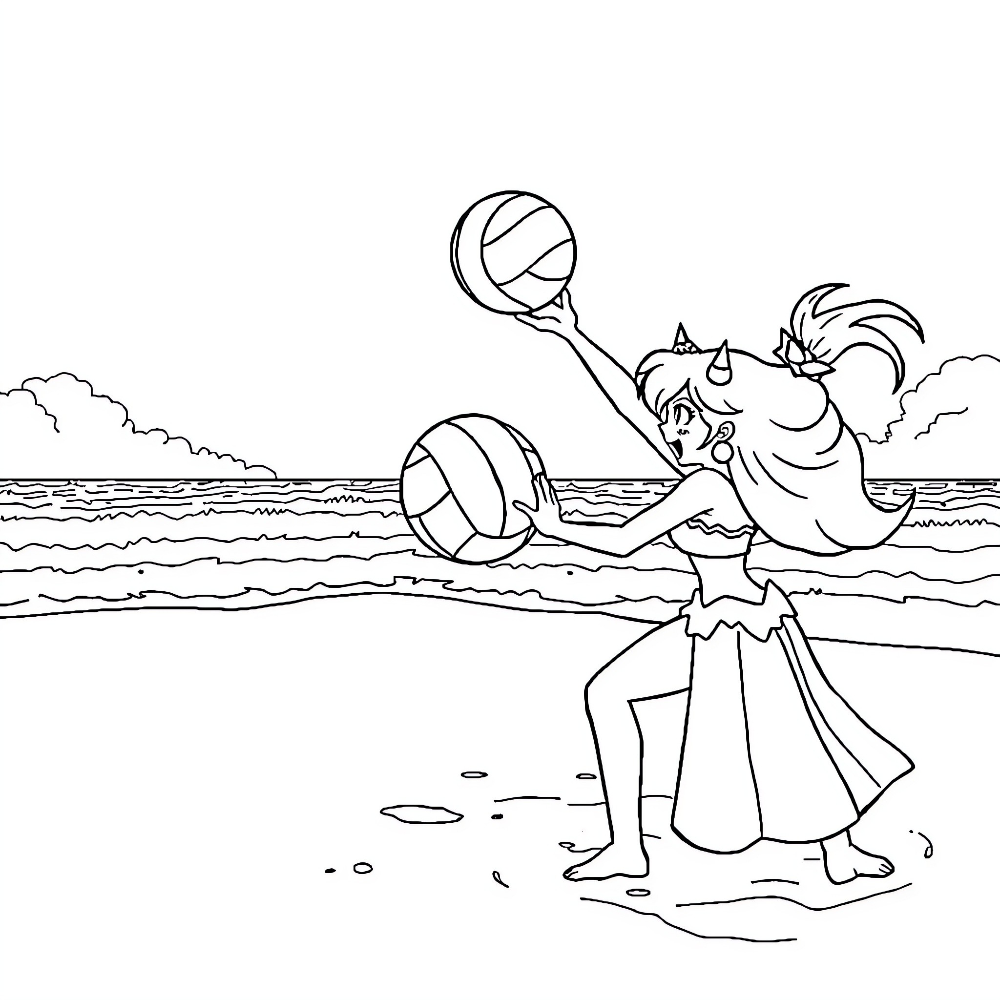 Princess Playing Beachside Volleyball Coloring Page (free black-and-white line drawing printable PDF for all, from beginners to advanced learners, including children, teens, adults, and seniors)