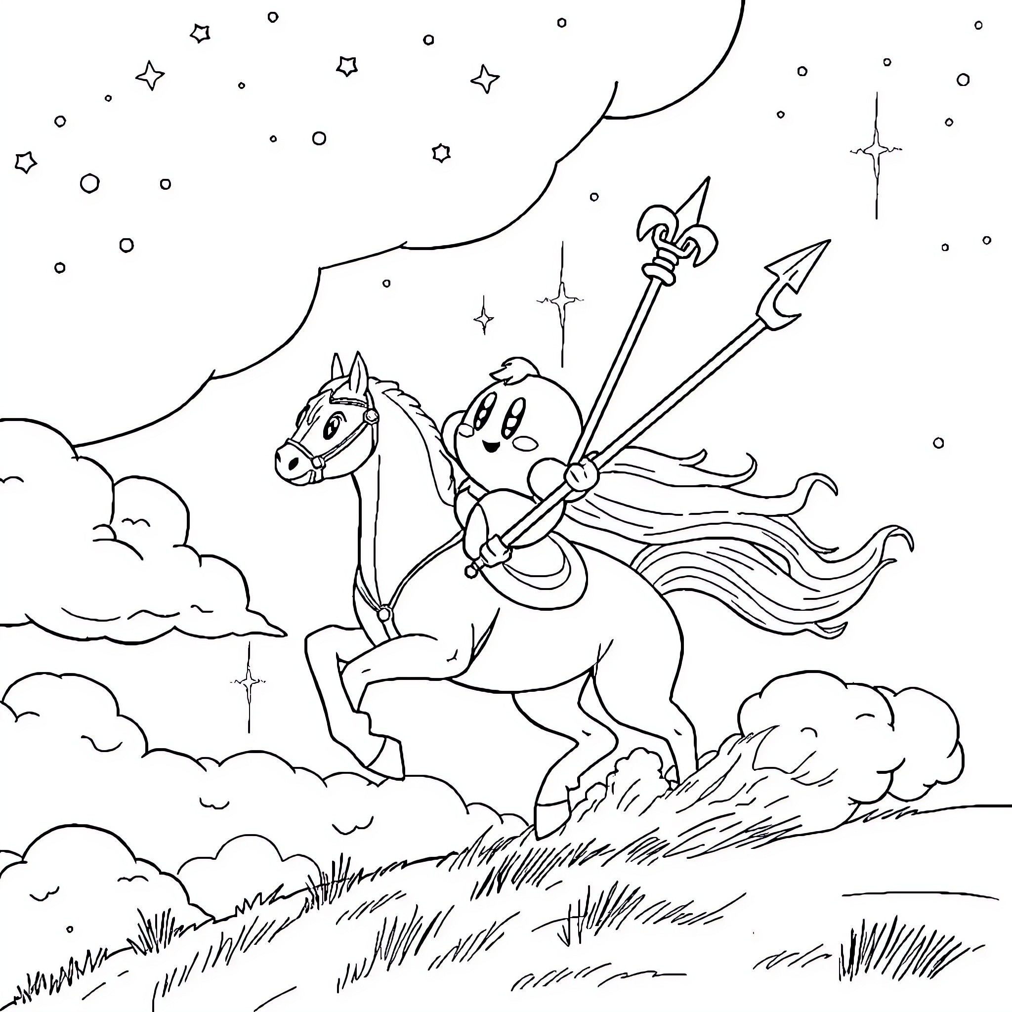 Kirby riding a horse under the starry night sky Coloring Page (free black-and-white line drawing printable PDF for all, from beginners to advanced learners, including children, teens, adults, and seniors)