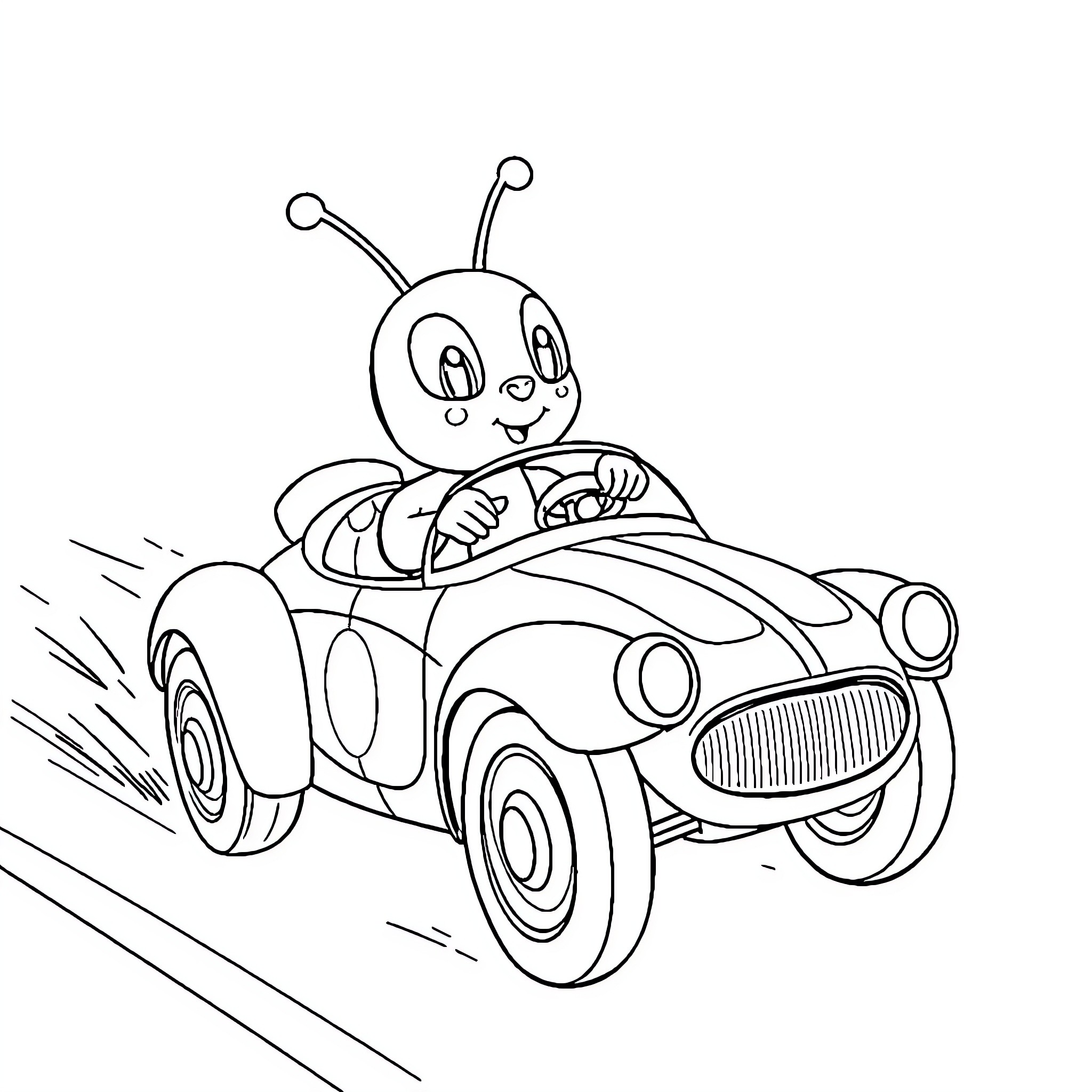 Pat's Playful Ride in a Friendly Bug Car Coloring Page (free black-and-white line drawing printable PDF for all, from beginners to advanced learners, including children, teens, adults, and seniors)