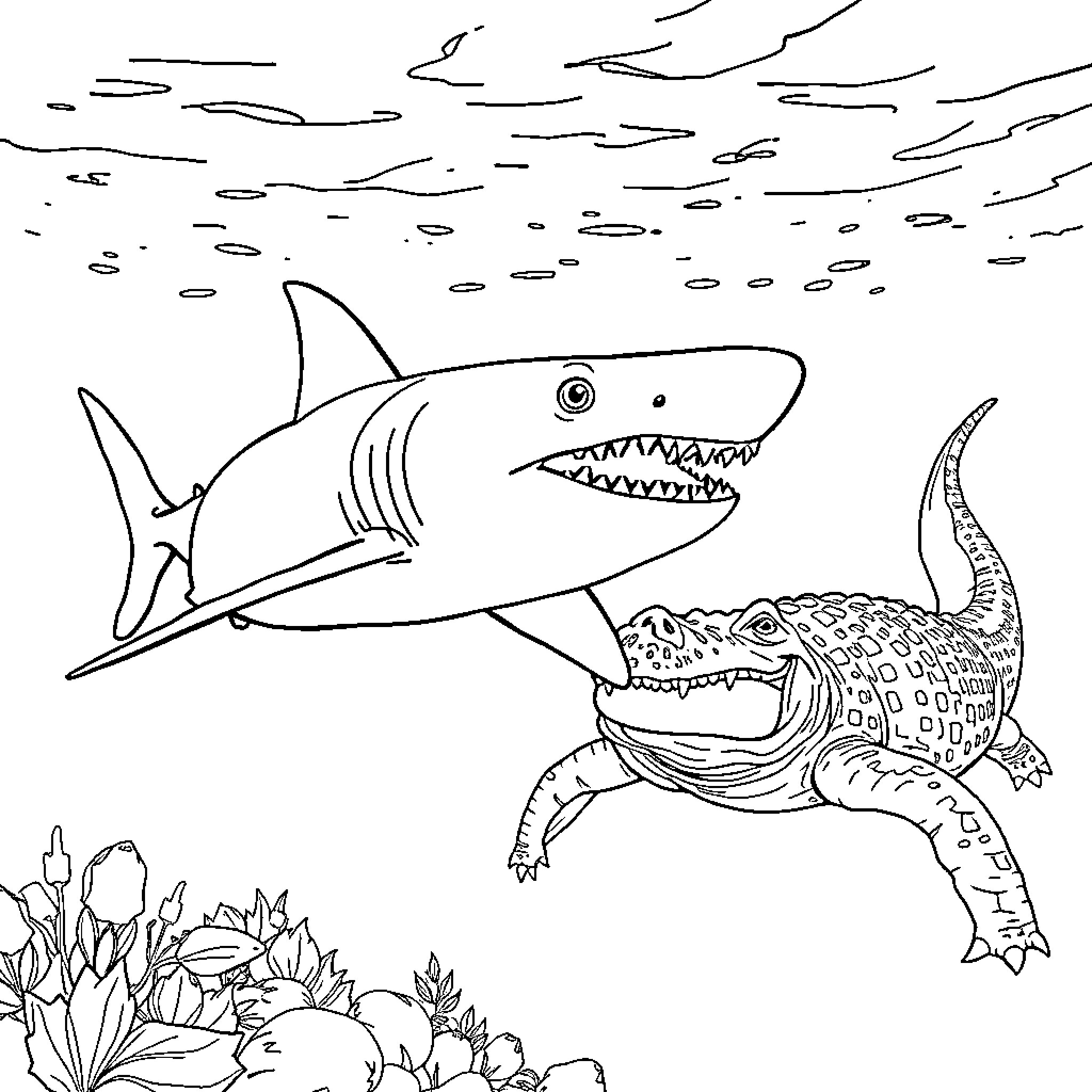 Shark attacking a crocodile in the ocean Coloring Page (free black-and-white line drawing printable PDF for all, from beginners to advanced learners, including children, teens, adults, and seniors)