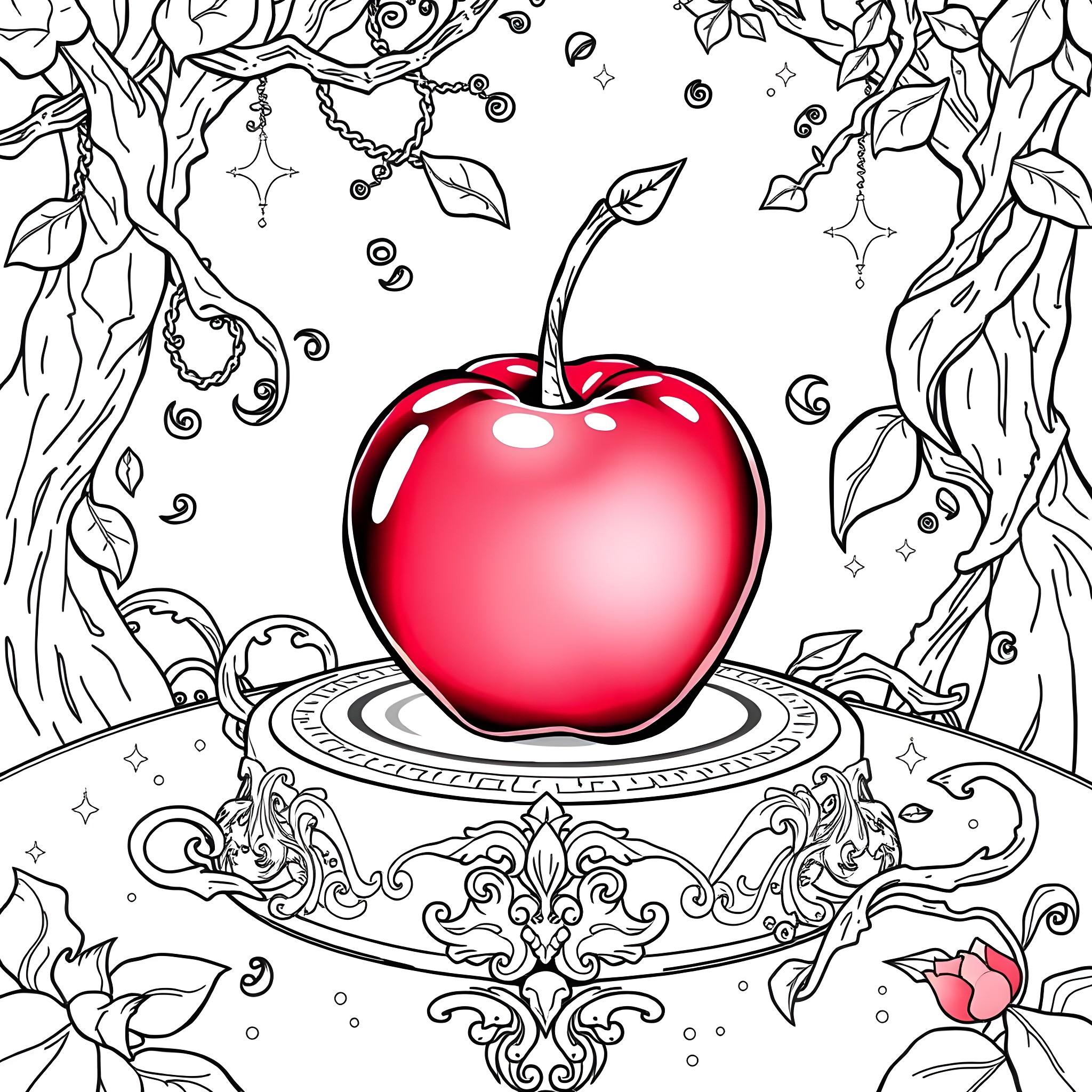 Poison Apple amidst enchanted forest Coloring Page (free black-and-white line drawing printable PDF for all, from beginners to advanced learners, including children, teens, adults, and seniors)