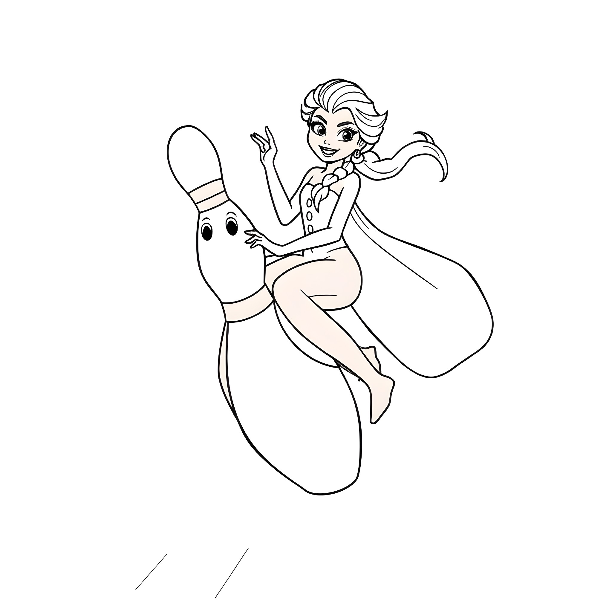 Elsa's Playful Bowling Adventure Coloring Page (free black-and-white line drawing printable PDF for all, from beginners to advanced learners, including children, teens, adults, and seniors)