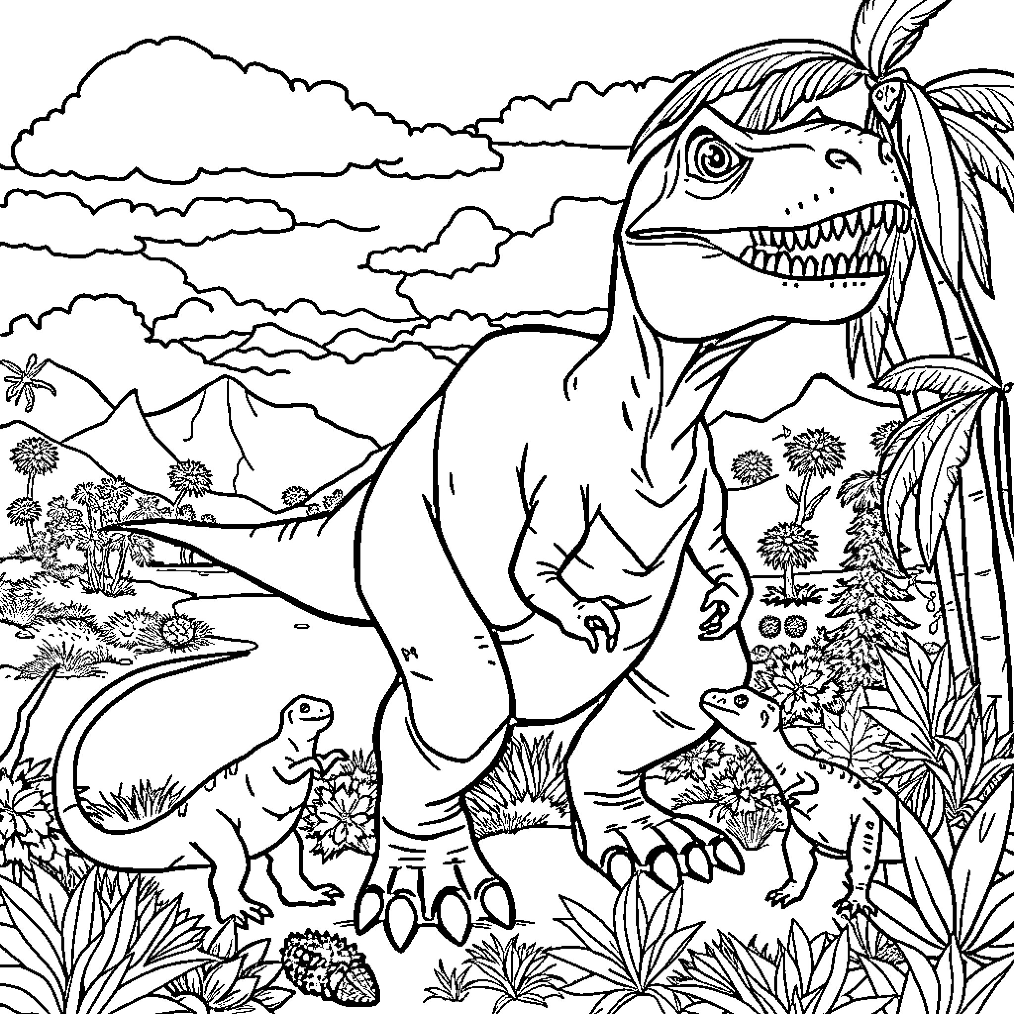 T-Rex stomping through a prehistoric landscape Coloring Page (free black-and-white line drawing printable PDF for all, from beginners to advanced learners, including children, teens, adults, and seniors)