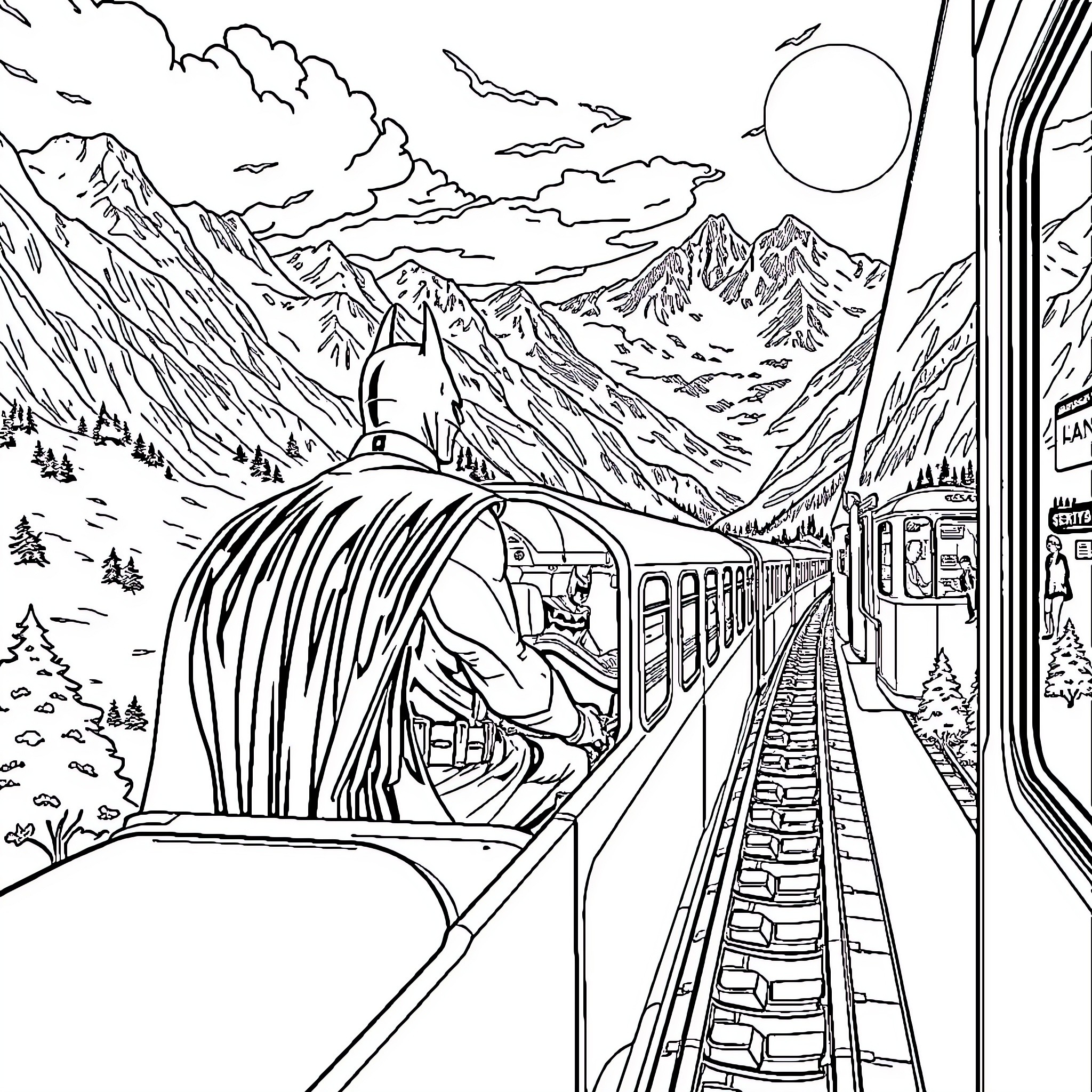 Batman's epic train journey through the snowy mountains Coloring Page (free black-and-white line drawing printable PDF for all, from beginners to advanced learners, including children, teens, adults, and seniors)