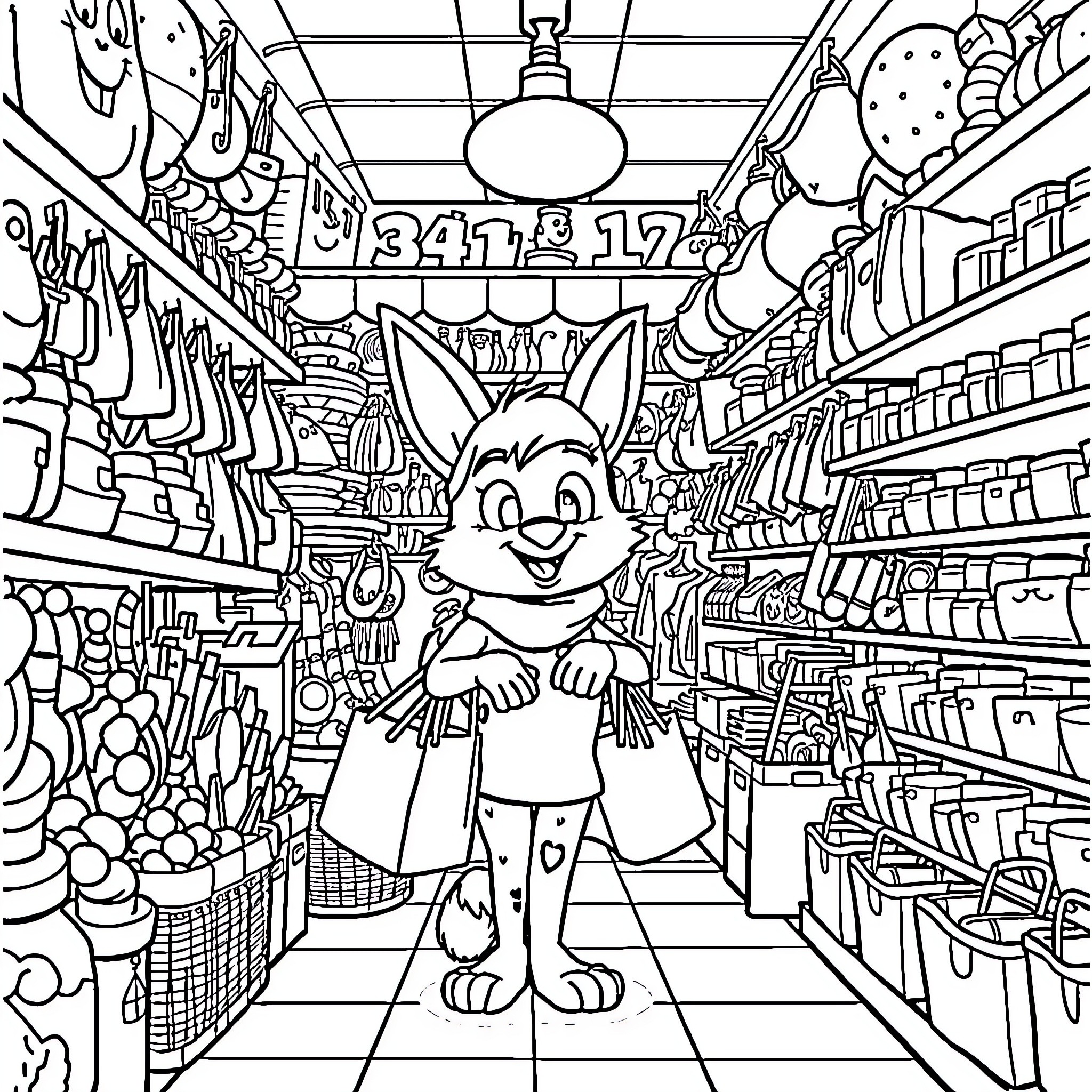 Huntrix's Shopping Spree in a Vibrant Marketplace Coloring Page (free black-and-white line drawing printable PDF for all, from beginners to advanced learners, including children, teens, adults, and seniors)