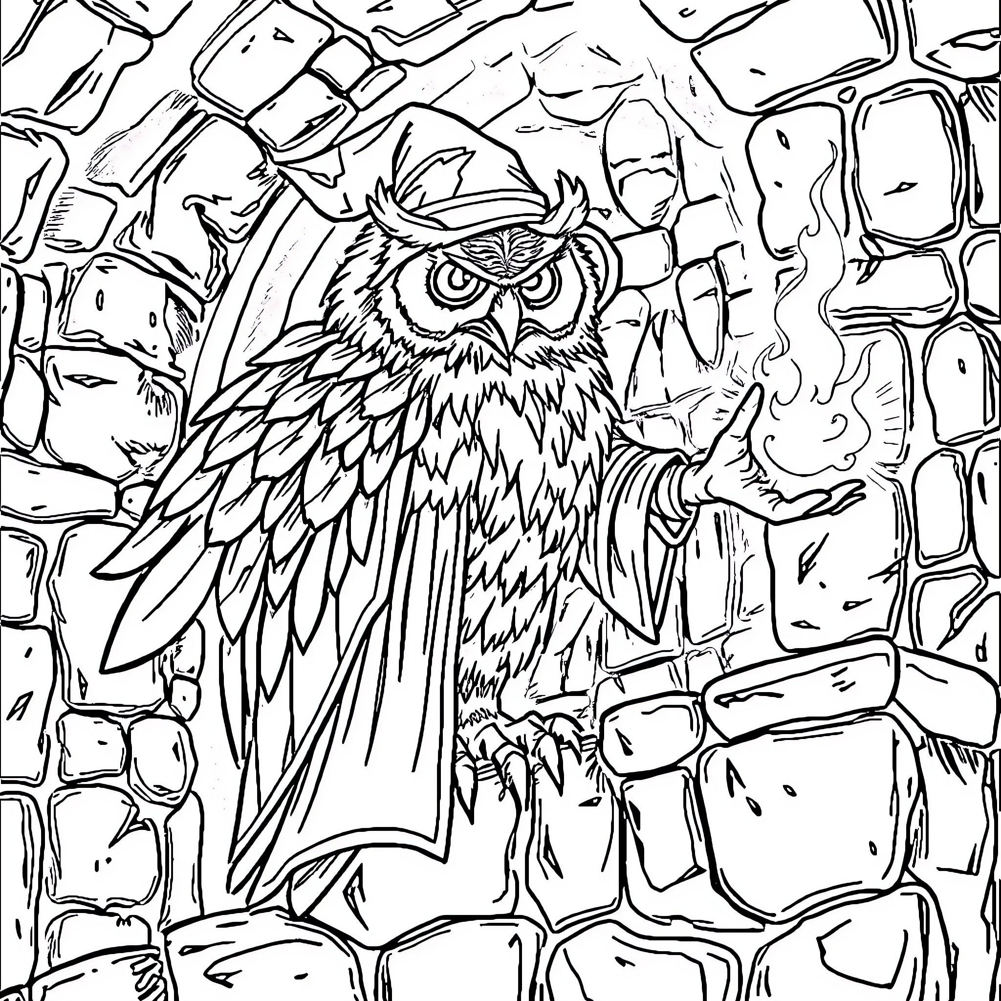 Owl perched on rocky outcrop Coloring Page (free black-and-white line drawing printable PDF for all, from beginners to advanced learners, including children, teens, adults, and seniors)