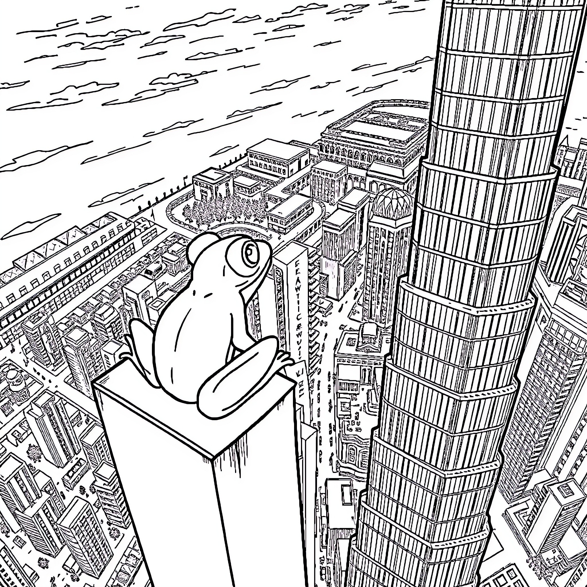 Frog perched atop a towering skyscraper Coloring Page (free black-and-white line drawing printable PDF for all, from beginners to advanced learners, including children, teens, adults, and seniors)