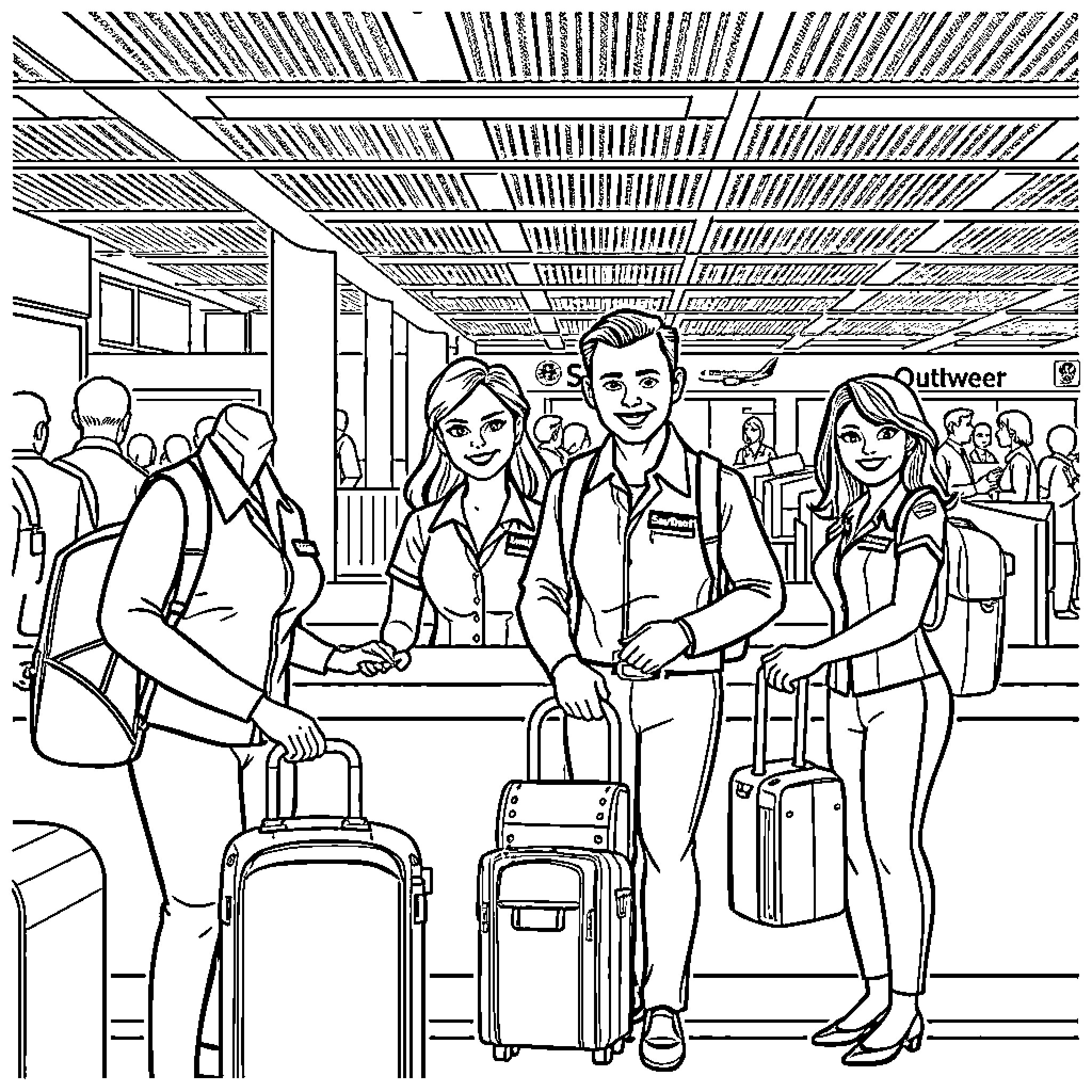 Airport Employee Assisting Travelers with Luggage Coloring Page (free black-and-white line drawing printable PDF for all, from beginners to advanced learners, including children, teens, adults, and seniors)