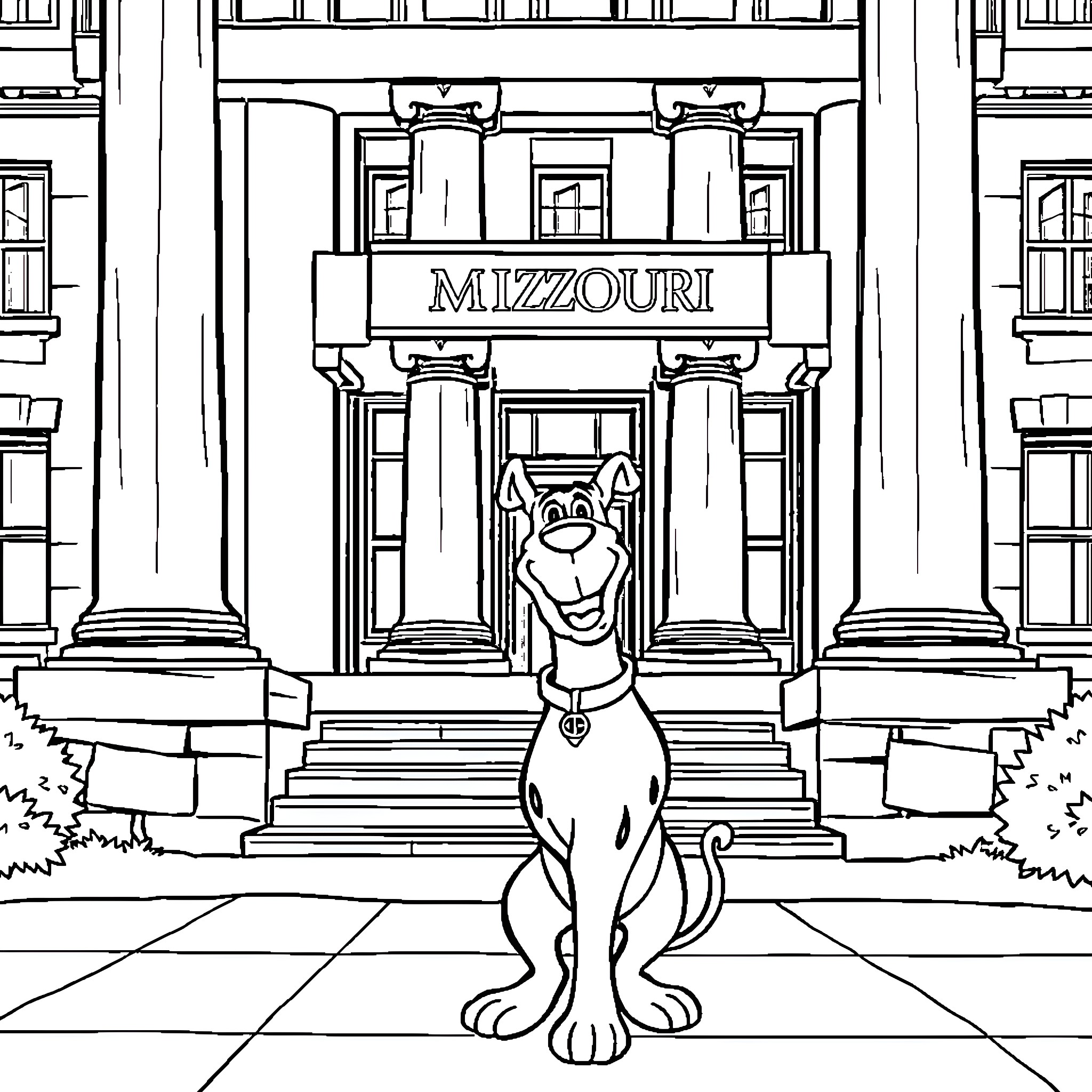 Scooby Doo exploring the Mizzouri building Coloring Page (free black-and-white line drawing printable PDF for all, from beginners to advanced learners, including children, teens, adults, and seniors)