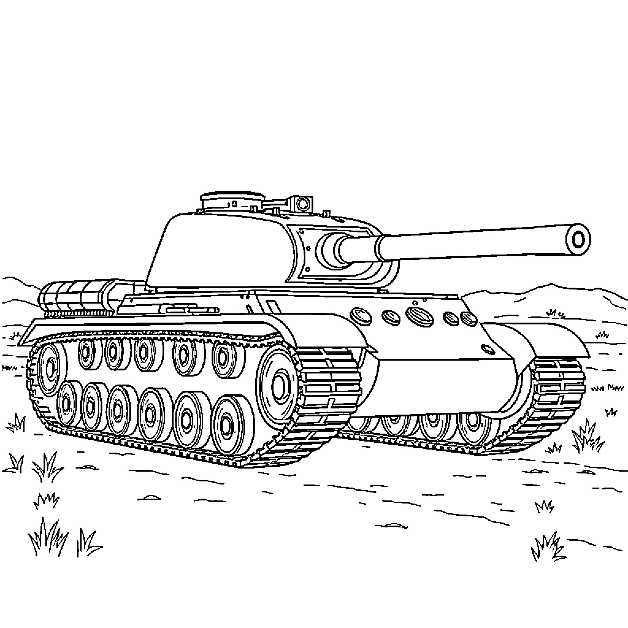 Tank rolling through the battlefield Coloring Page (free black-and-white line drawing printable PDF for all, from beginners to advanced learners, including children, teens, adults, and seniors)