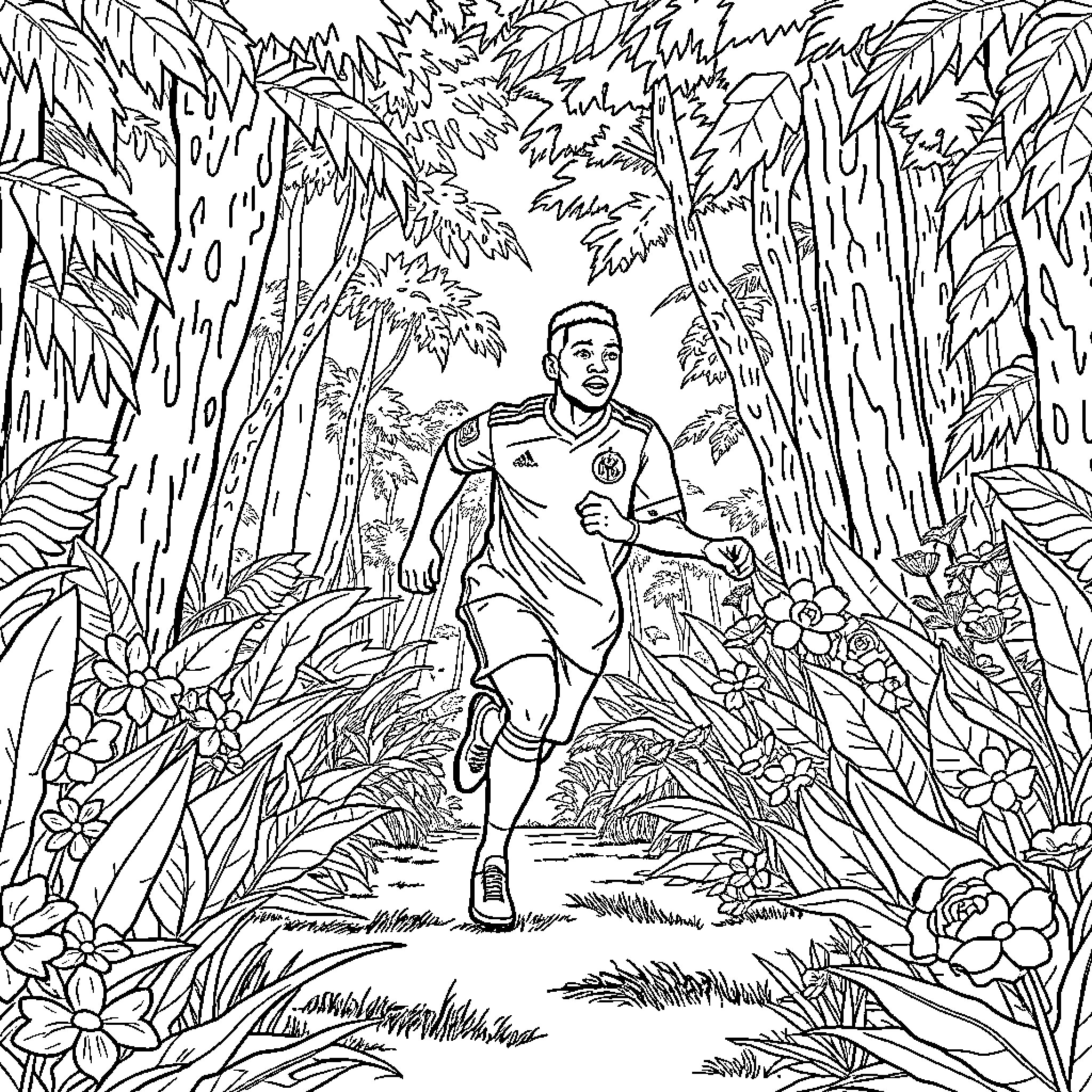 Kyllian Mbappe Running through the Jungle Coloring Page (free black-and-white line drawing printable PDF for all, from beginners to advanced learners, including children, teens, adults, and seniors)